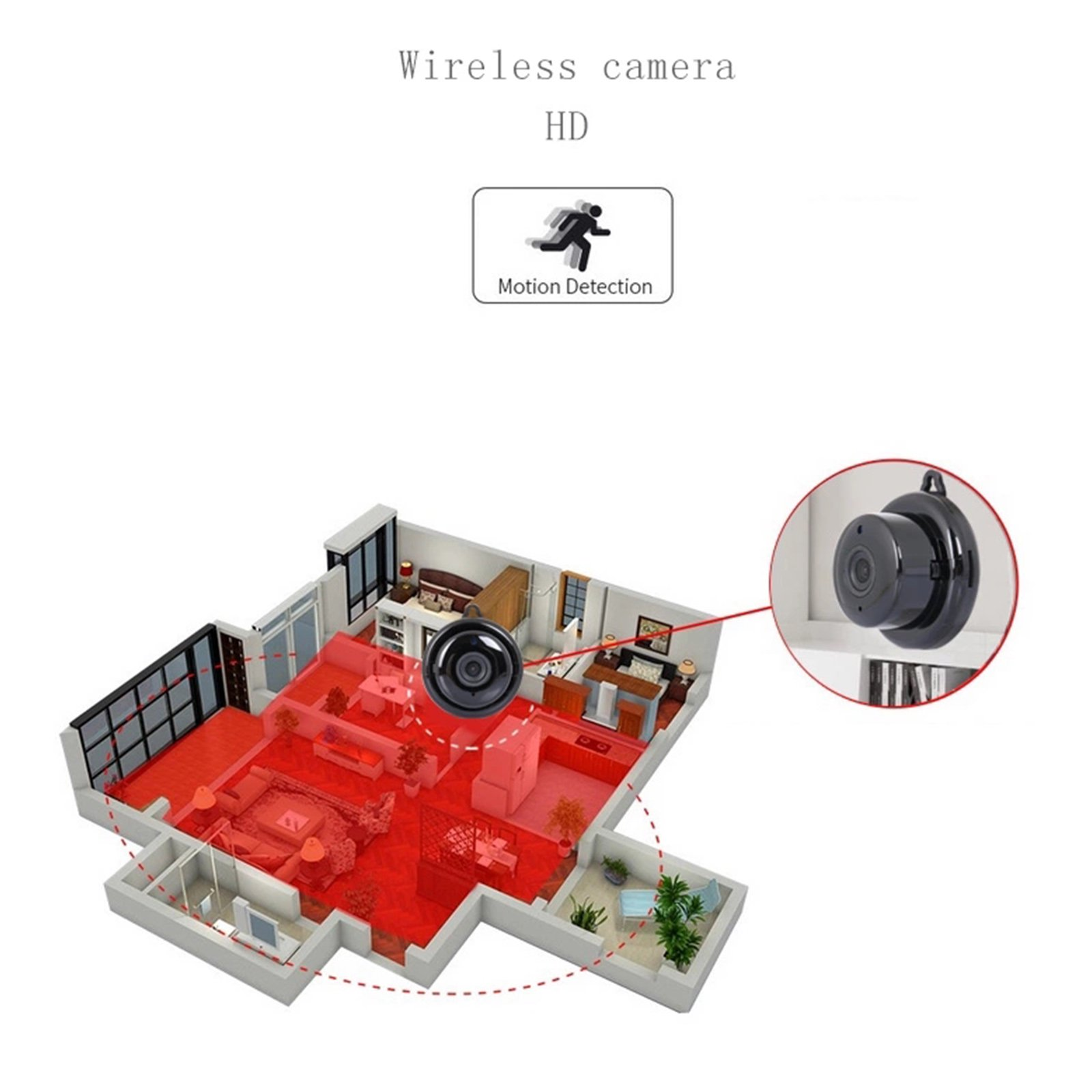Eine drahtlose HD-Kamera mit Bewegungserkennung überblickt einen 3D-Grundriss einer möblierten Wohnung mit roten Zonen.