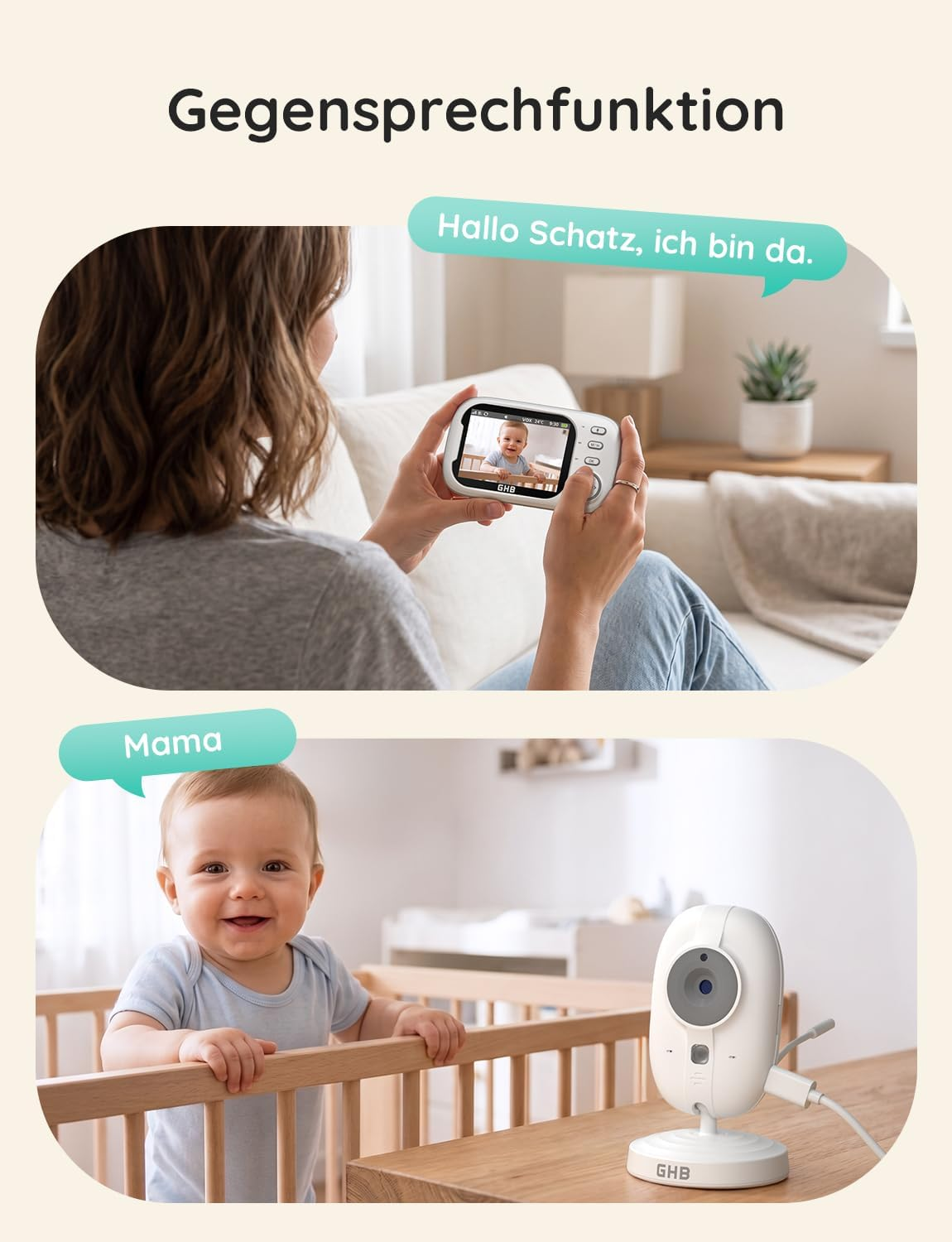 Eine Mutter spricht über einen Babyphone-Monitor mit ihrem Baby im Kinderbett.