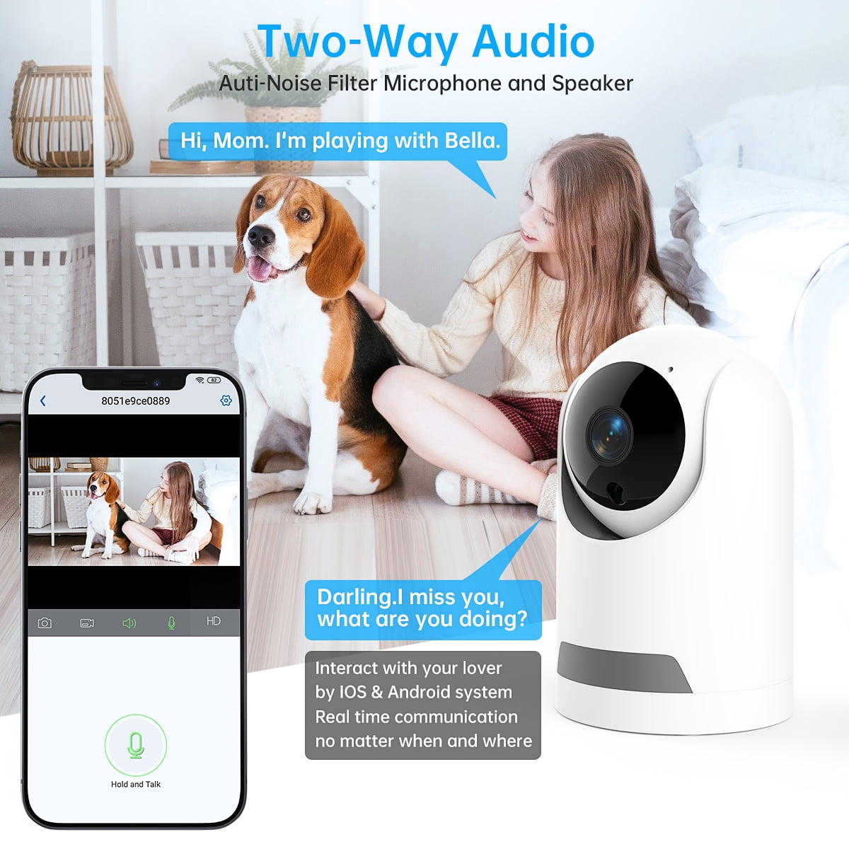 WLAN-Überwachungskamera mit Zwei-Wege-Audio, die ein Mädchen mit Hund zeigt.