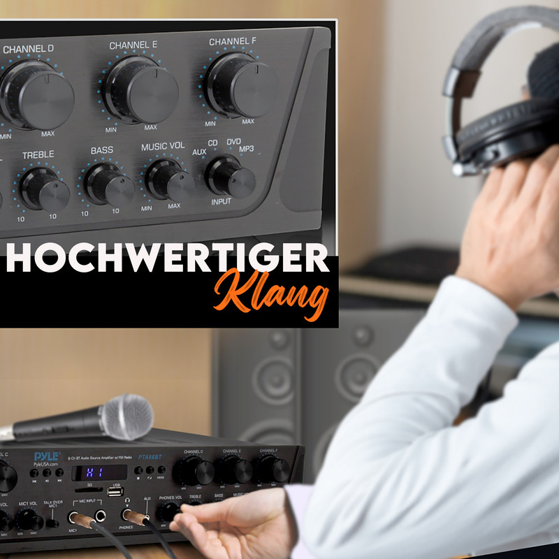 Eine Person mit Kopfhörern und Audio-Verstärker mit Mikrofon.