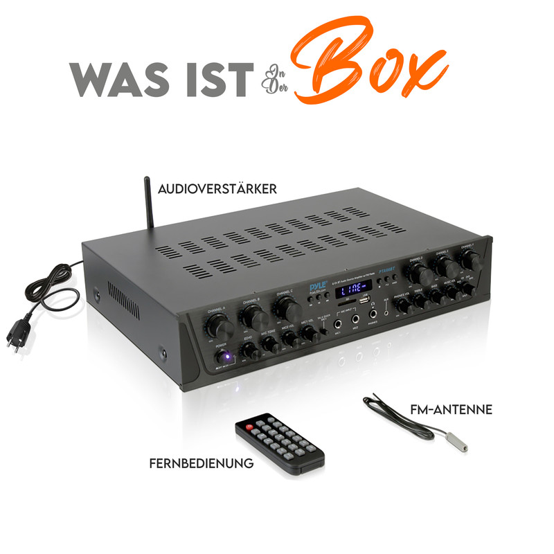 Audioverstärker mit Antenne, Fernbedienung und FM-Antenne auf weißem Hintergrund mit Text.