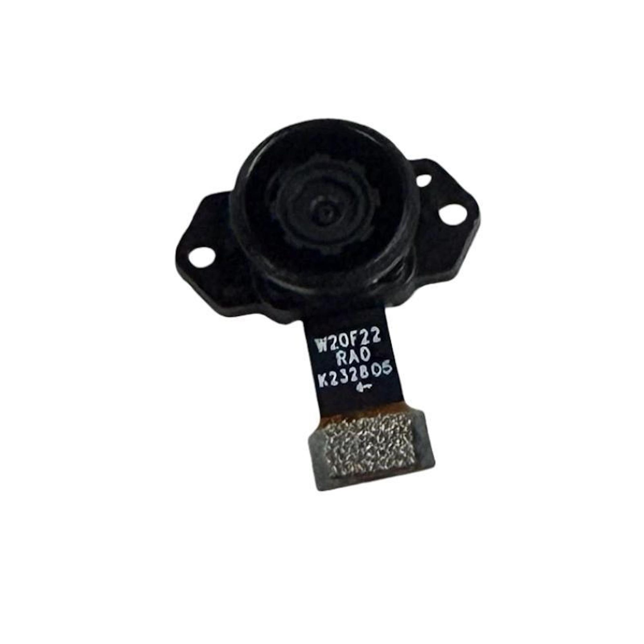 Eine kleine schwarze elektronische Kamerakomponente mit Flachbandkabel vor weißem Hintergrund.