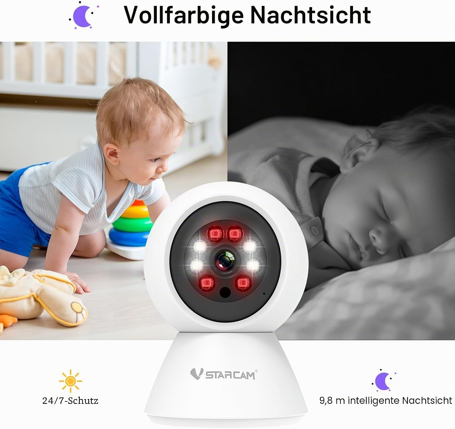 Eine weiße Sicherheitskamera im Vordergrund mit einem Kleinkind tagsüber und einem schlafenden Baby im Nachtsichtmodus.