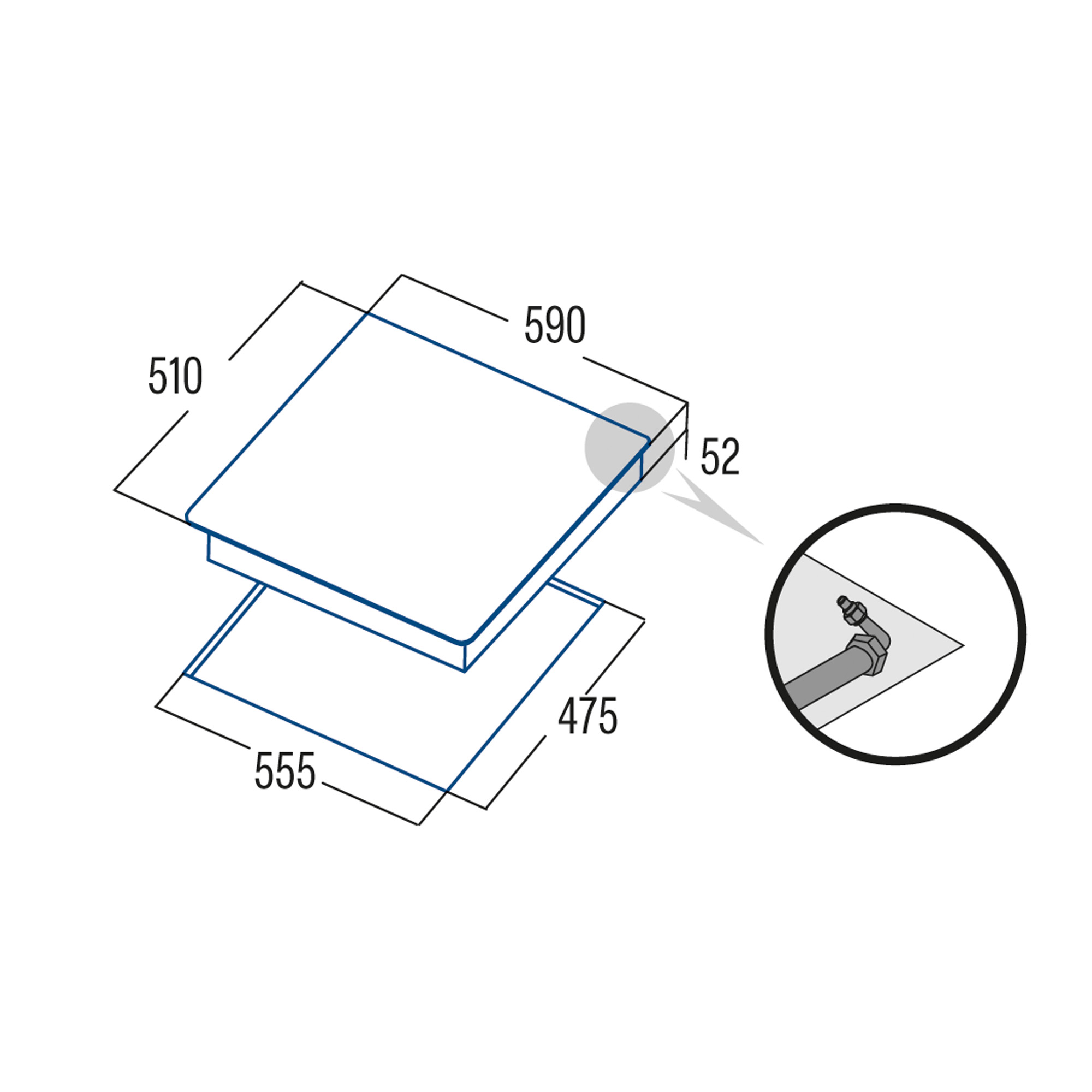 Dibujo técnico de una placa con dimensiones 590, 510, 52, 555, 475 y vista detallada de la conexión.