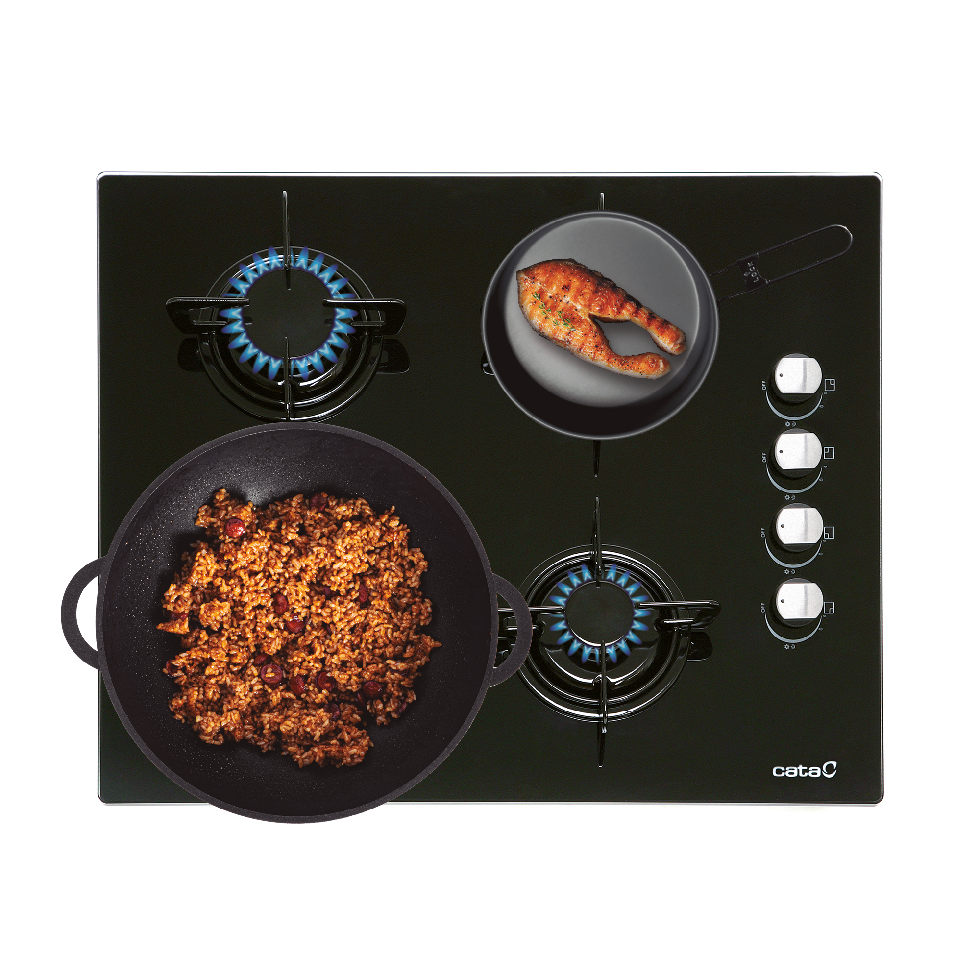 Placa de gas negra con cuatro quemadores, una sartén con arroz y una sartén con pescado.