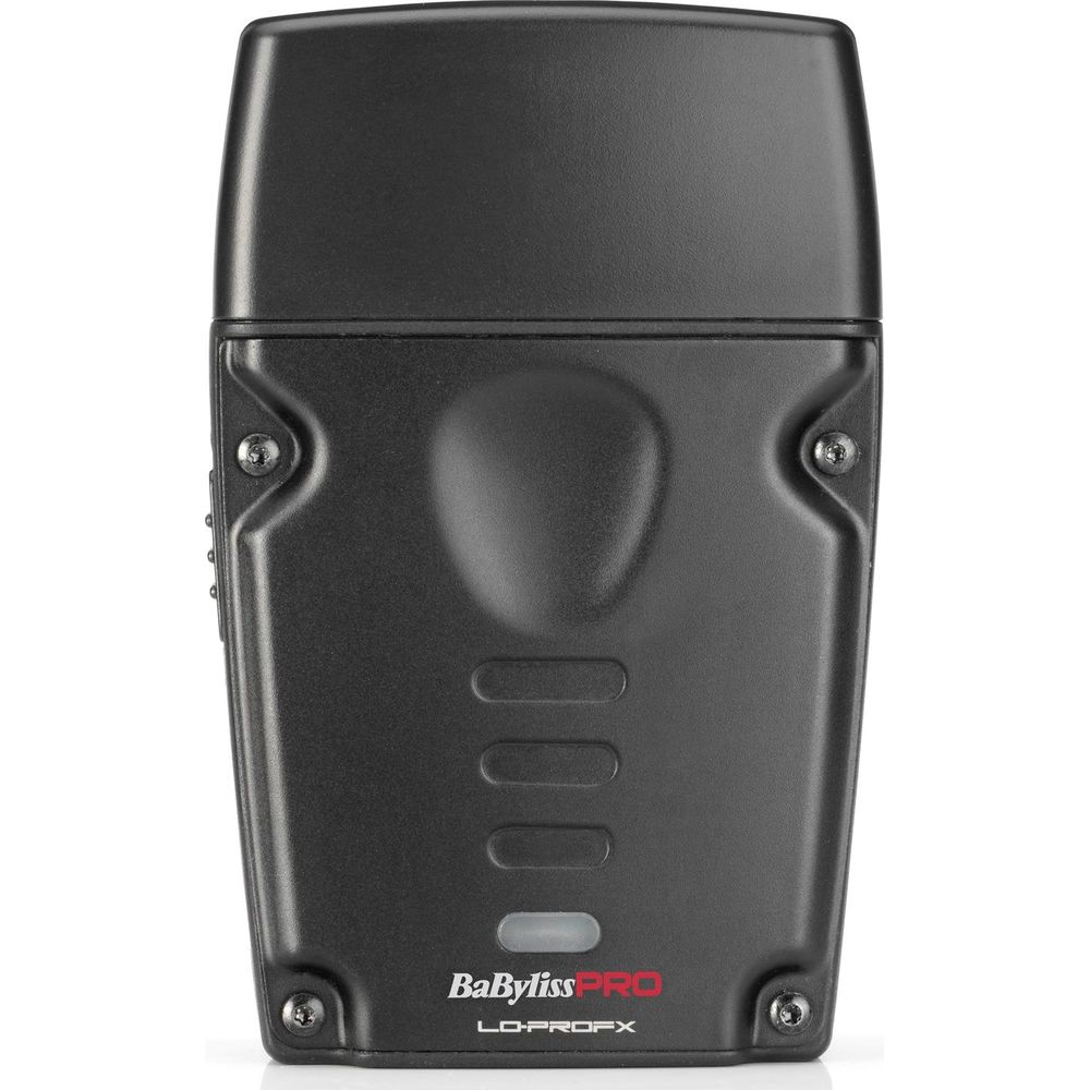 Un rasoio elettrico nero BaBylissPRO LO-PROFX con corpo testurizzato e marchio argento si trova su una superficie bianca.