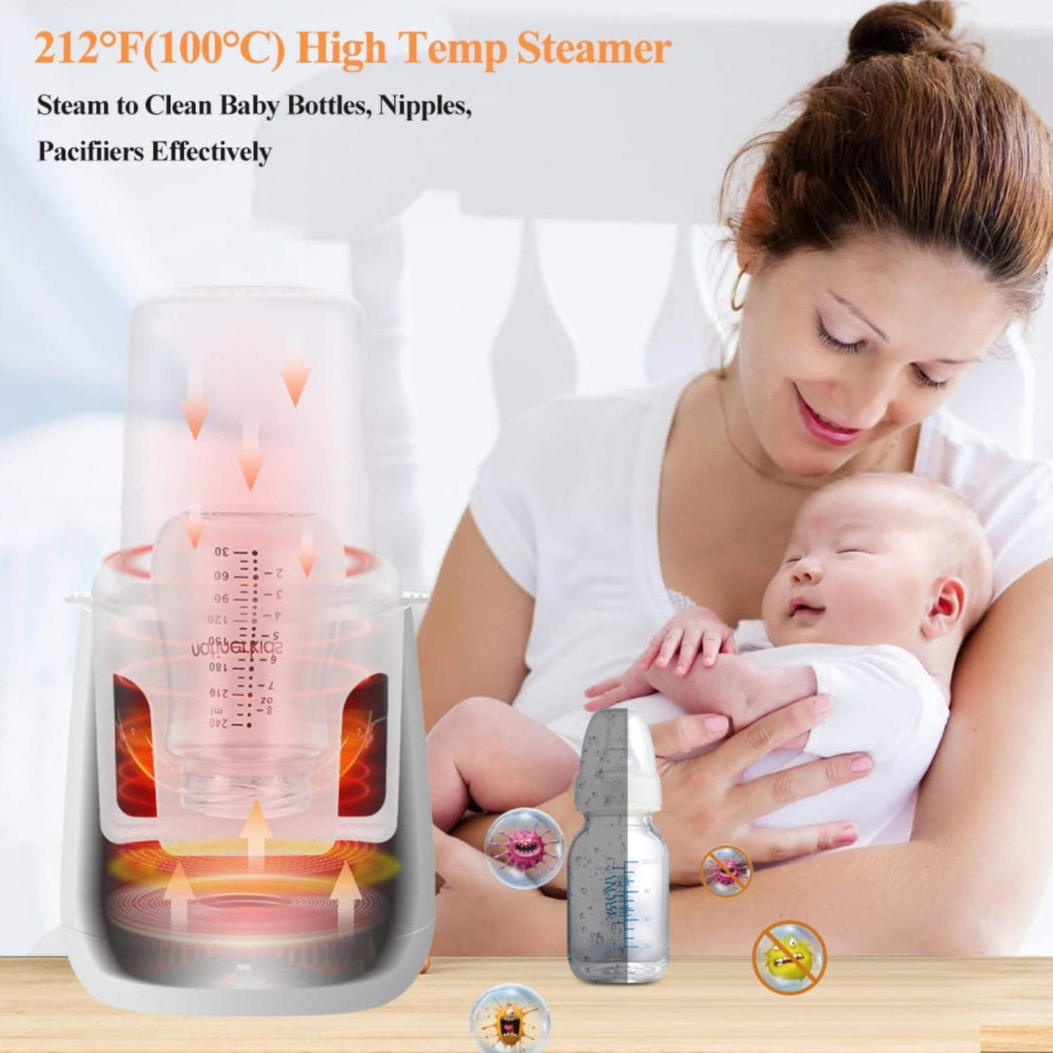 Mutter hält ein Baby neben einem Flaschensterilisator.