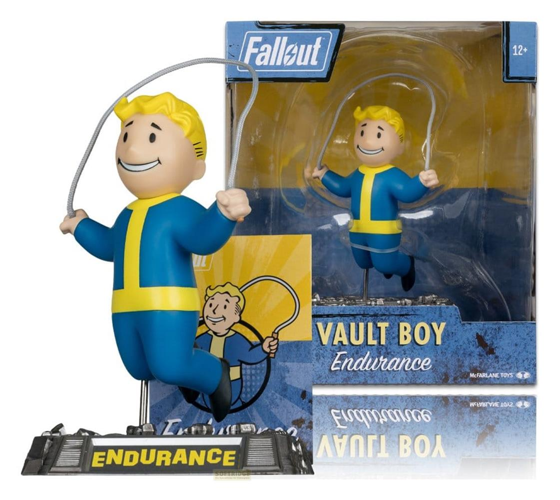 Vault Boy Endurance Figur von Fallout mit Springseil, vor und in der blauen Verpackung.