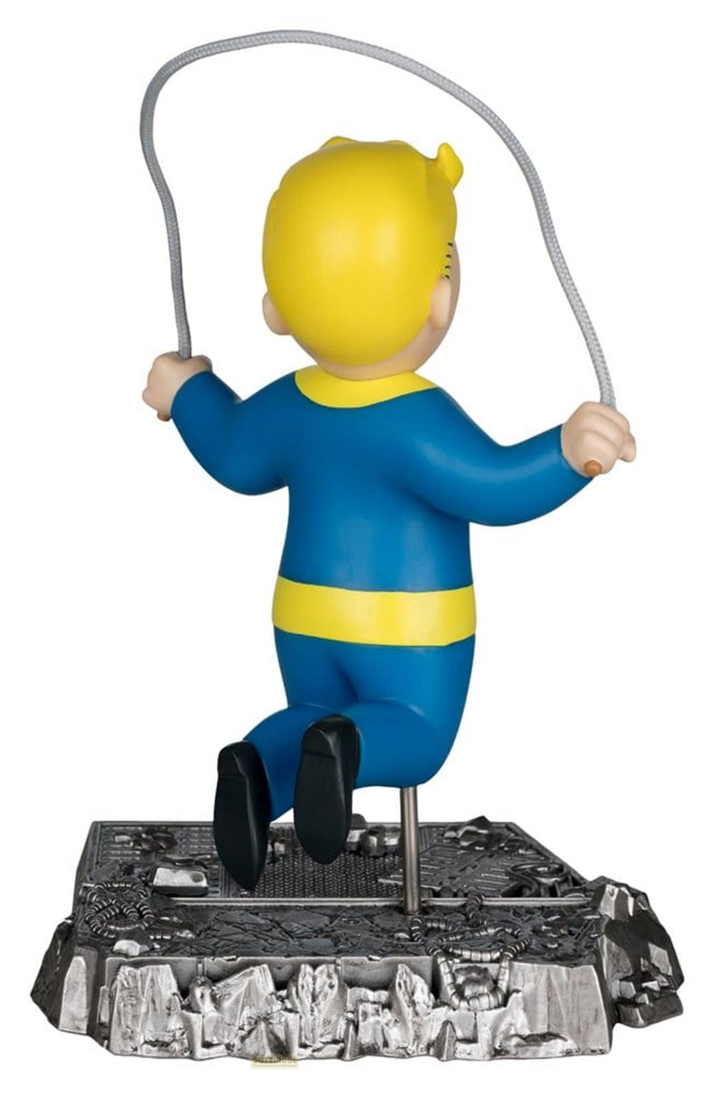 Vault Boy Figur springt Seil auf einer Schuttbasis.