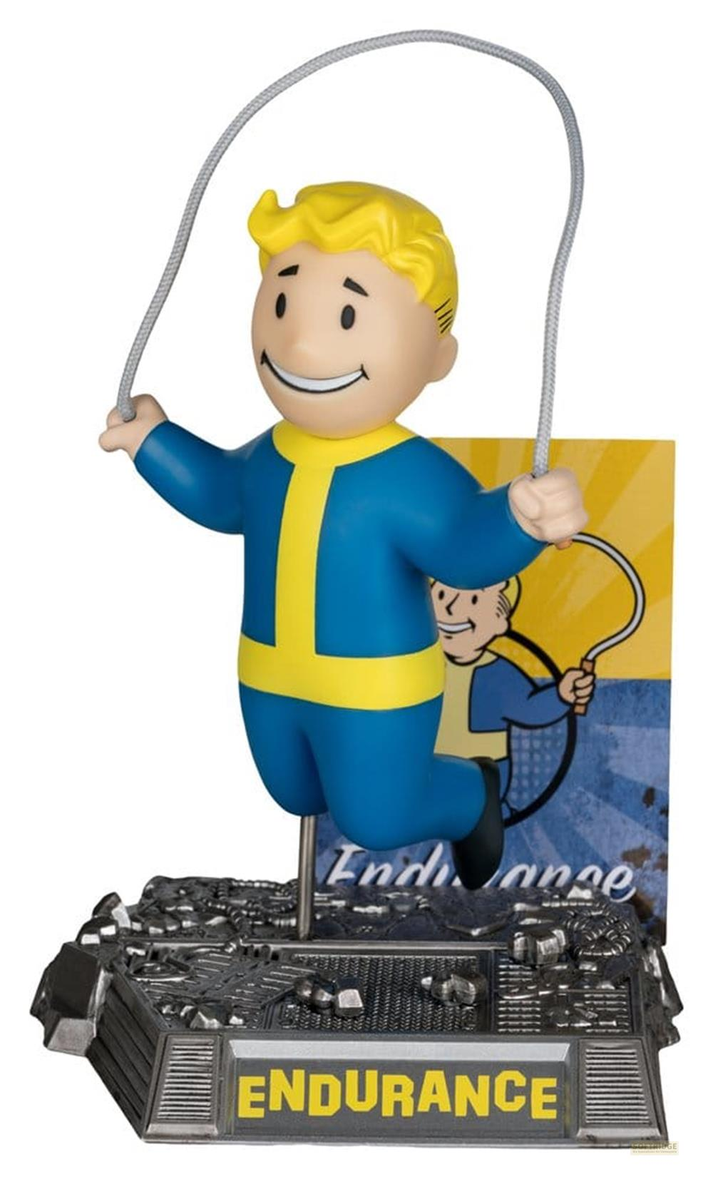 Vault Boy Figur in blauem Anzug springt Seil auf einer Schrottplatz Basis mit dem Schriftzug ENDURANCE.