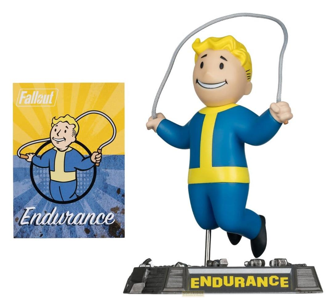 Eine Fallout Vault Boy Figur in blau-gelber Kleidung springt Seil, daneben eine Karte.