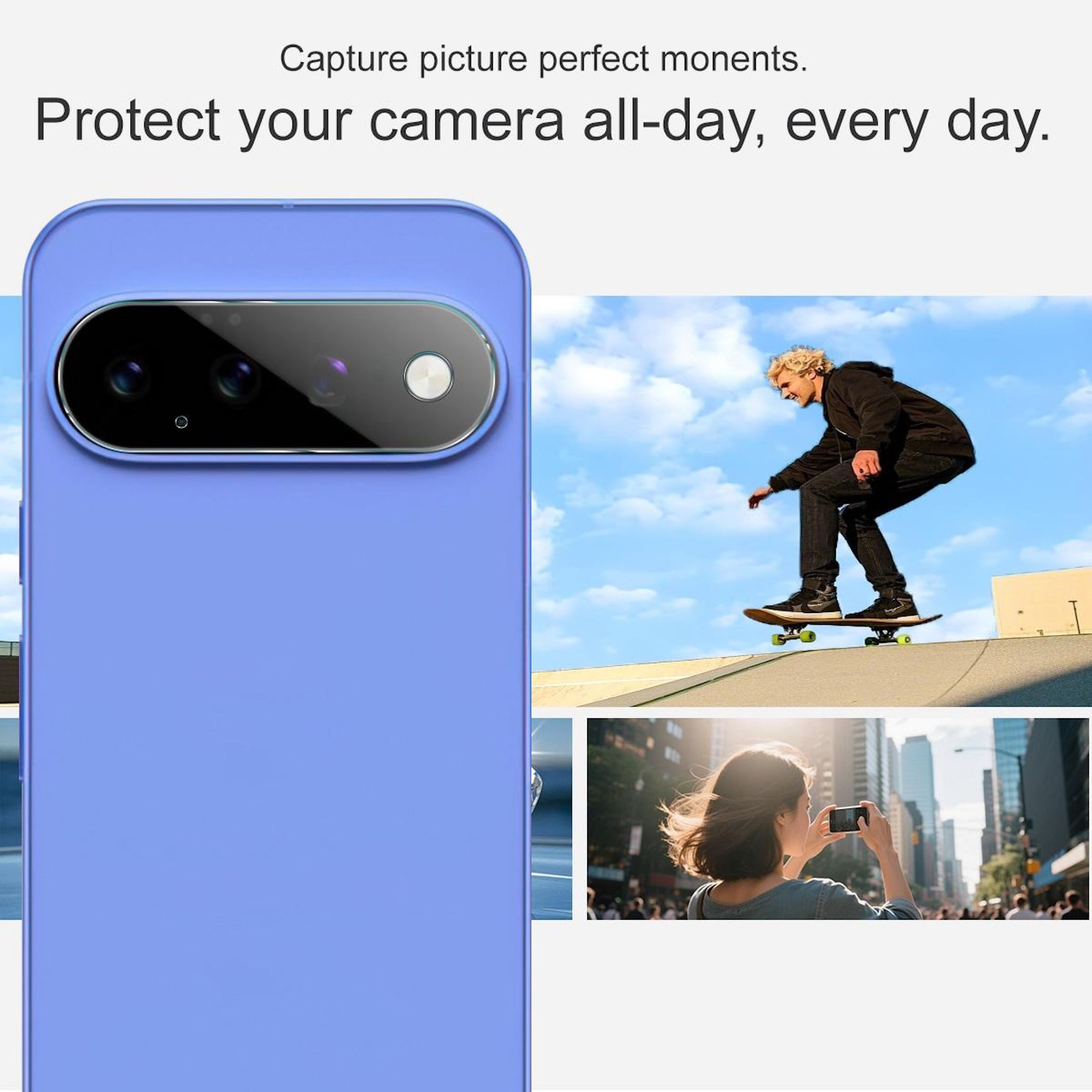 Blaue Smartphone-Hülle mit Kameraausschnitt und Fotos von einem Skater und einer Fotografin.