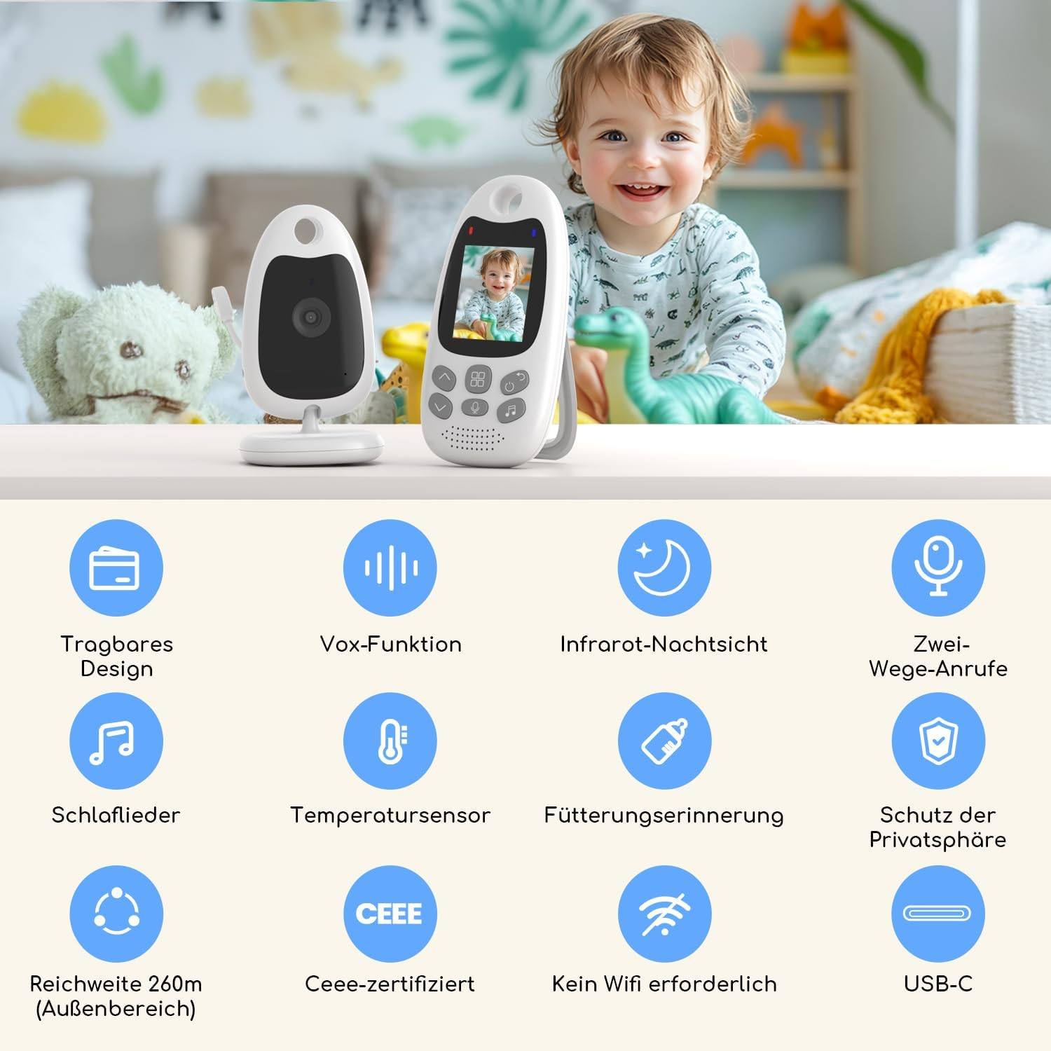 Ein Babyphone mit Kamera, Display und einem glücklichen Baby im Hintergrund, unten mit zwölf blauen Funktionssymbolen.