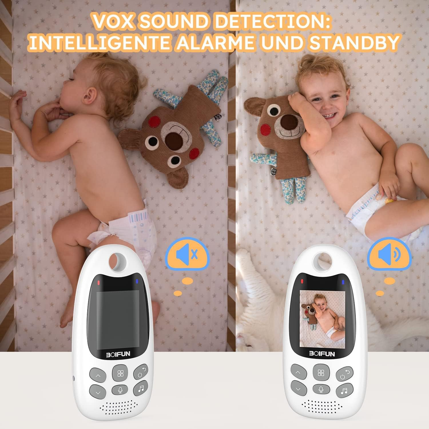 Ein Babyphone zeigt Standby und Alarm per Vox-Sounderkennung.
