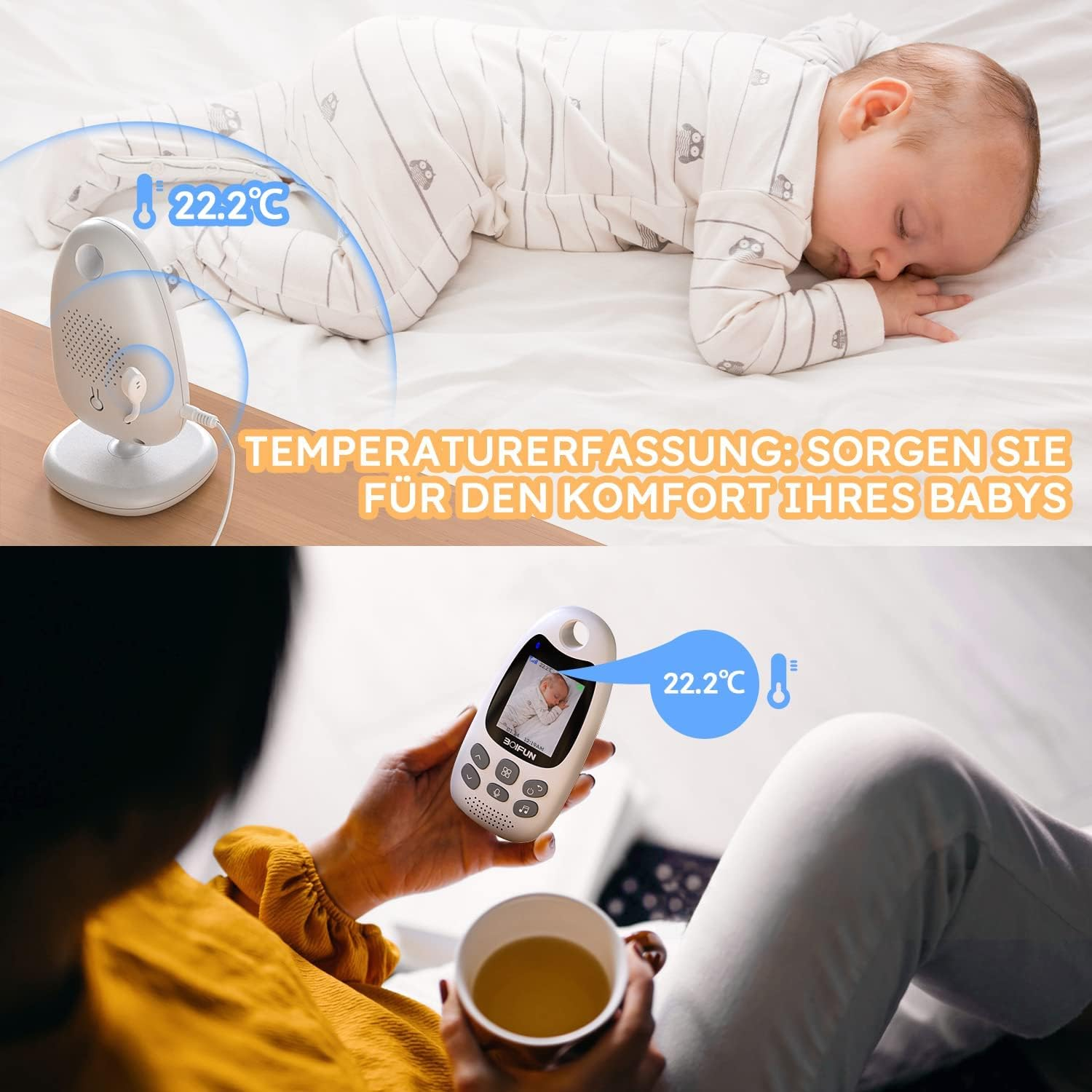 Ein Babyphone zeigt eine Temperatur von 22,2 Grad an, während ein Baby schläft und eine Person den Monitor hält.