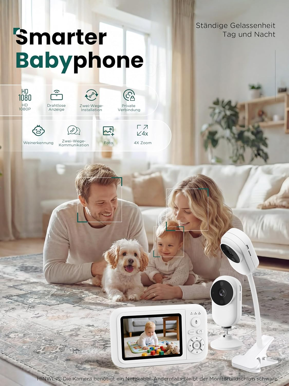 Werbung für ein Babyphone mit Kamera, Bildschirm und App-Funktionen im Wohnzimmer.