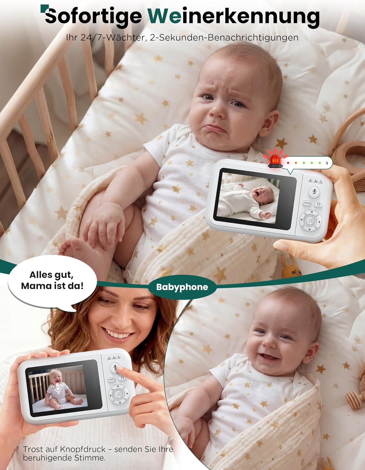 Ein weinendes Baby im Bett wird auf einem Monitor angezeigt, während eine Mutter spricht und das Baby beruhigt wird.