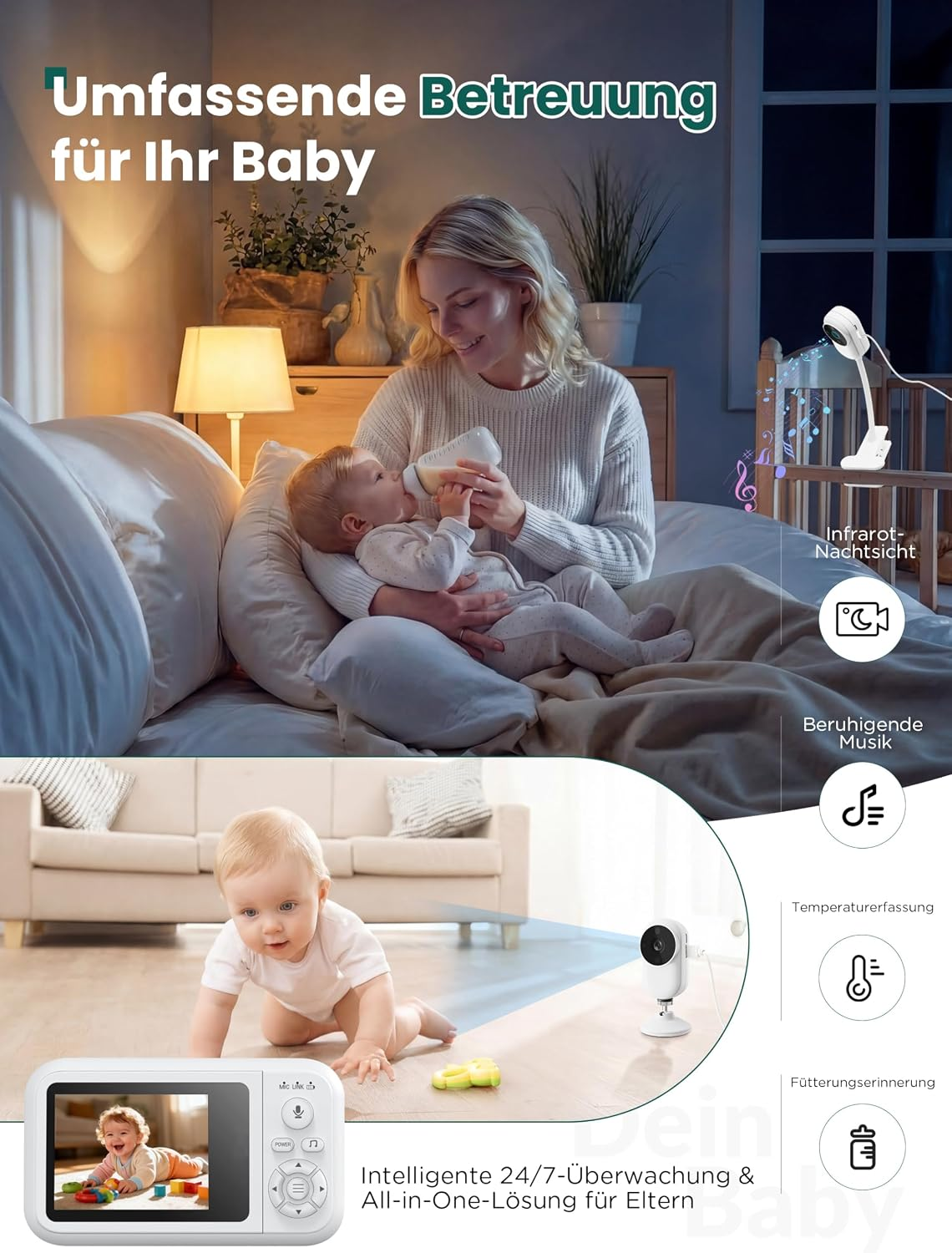 Eine Mutter füttert ihr Baby im Bett, während eine Babykamera mit Zusatzfunktionen im Raum steht.