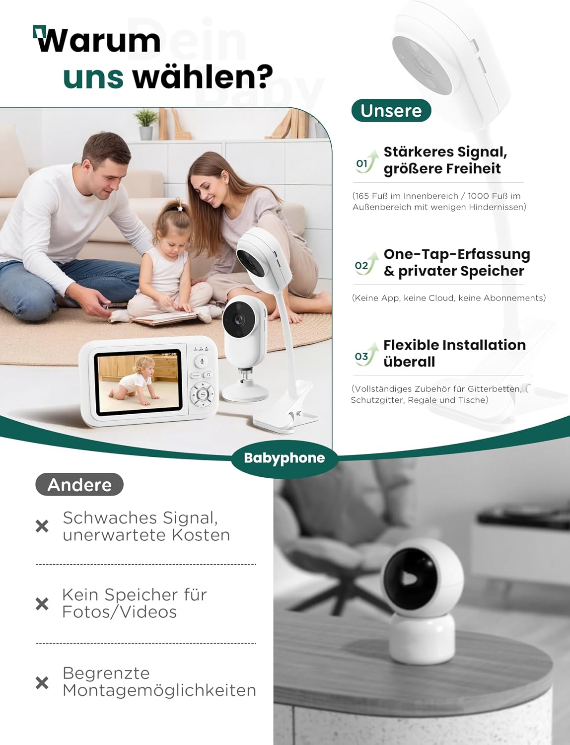 Eine Werbeanzeige für ein Babyphone mit Funktionen, die eine Familie und Vergleichspunkte auf Deutsch zeigt.
