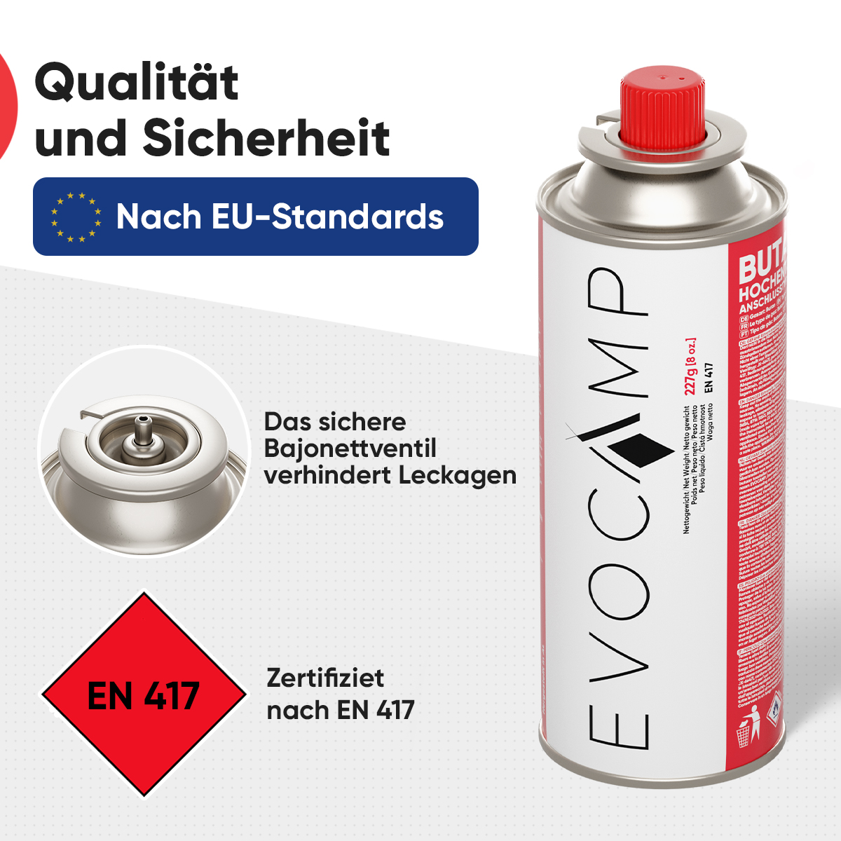Evocamp Butandose mit rotem Kappe und Bajonettventil, EU-Standard zertifiziert.