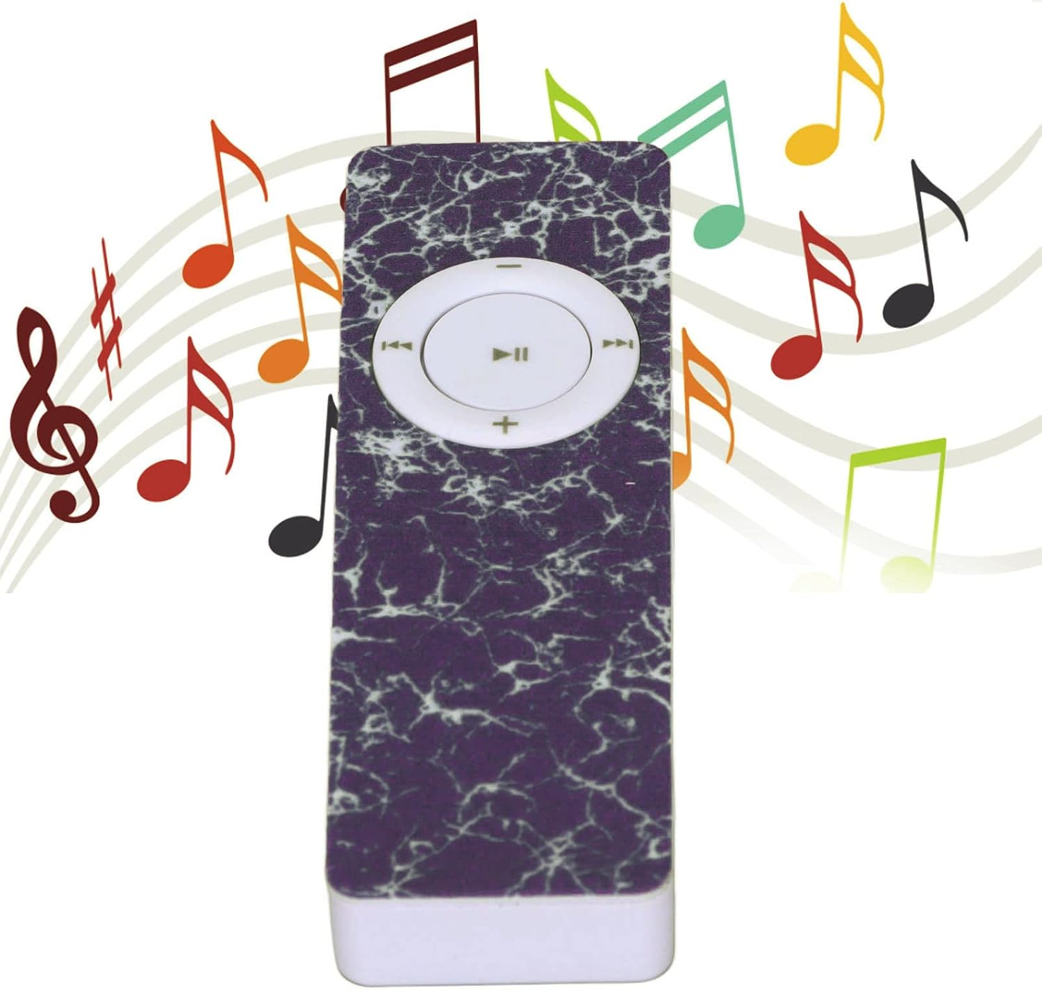 Lila MP3-Player mit weißem Bedienfeld, umgeben von bunten Musiknoten.
