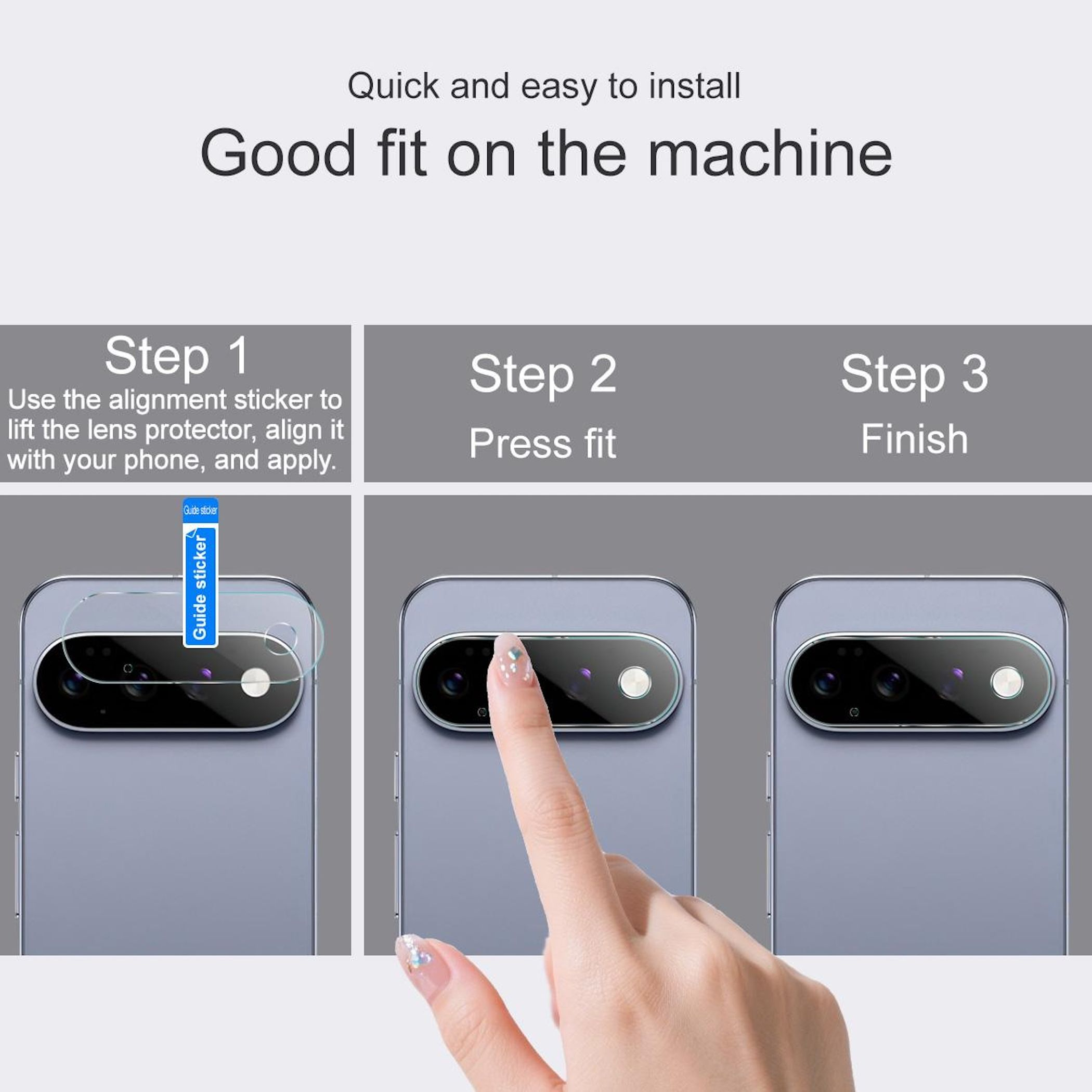 Anleitung in drei Schritten zur einfachen Installation eines Kameraschutzes auf einem Smartphone.