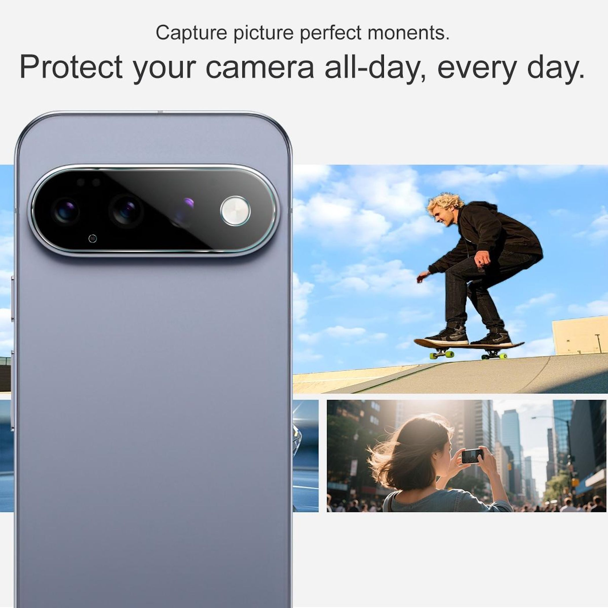Nahaufnahme eines grauen Smartphone-Kameramoduls, mit kleineren Einsatzfotos eines Skaters und einer Person beim Fotografieren.