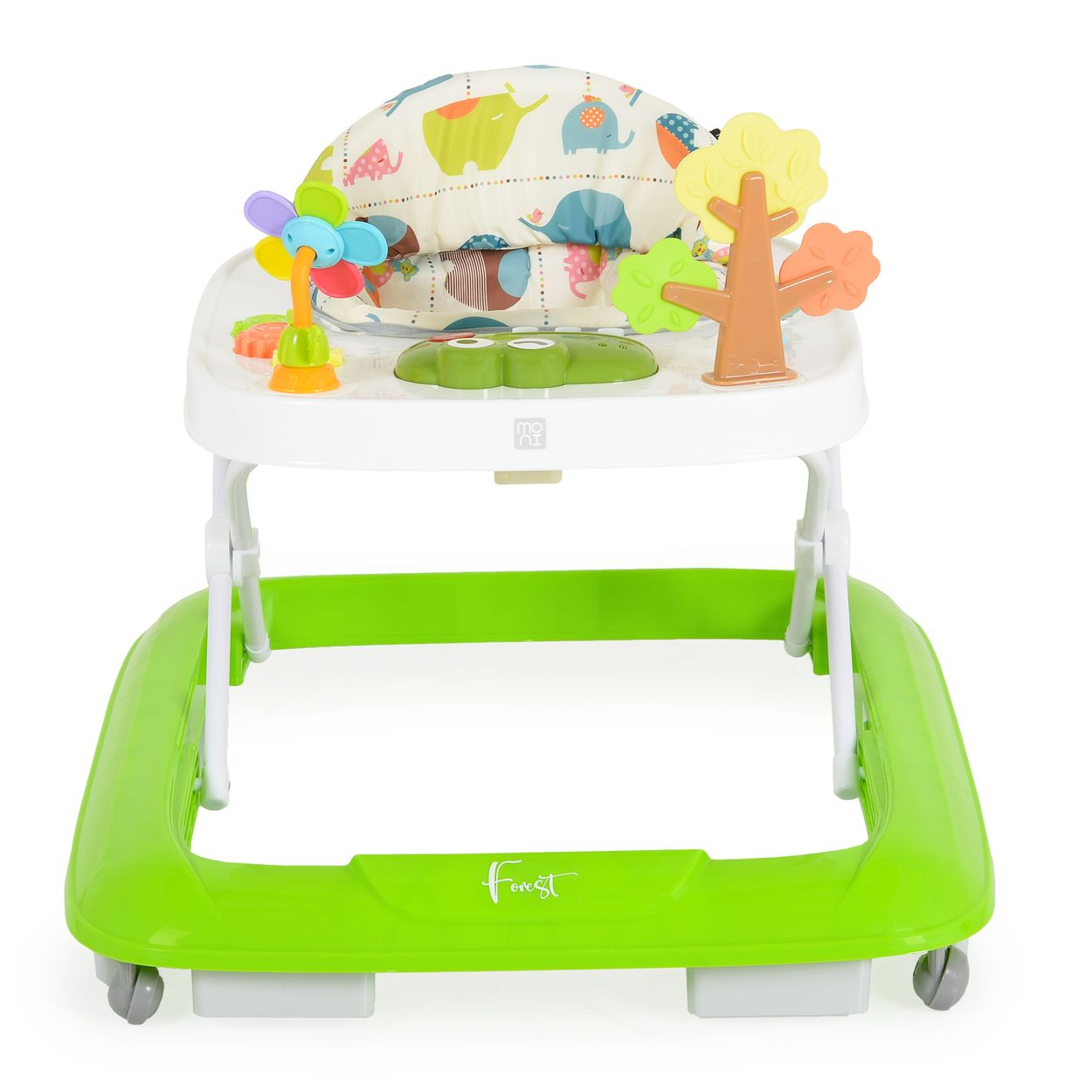 Ein bunter Babylaufläufer mit grünem Rahmen, gepolstertem Sitz und Spielzeug auf der Vorderseite.