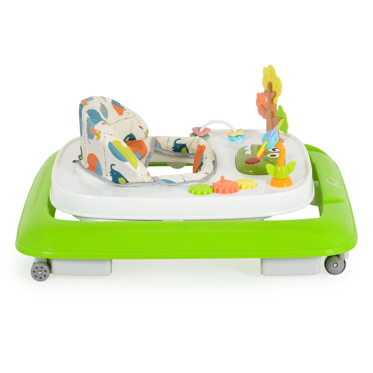 Ein grün-weißer Lauflernwagen mit Tiersitz und bunten Spielzeugen vor weißem Hintergrund.