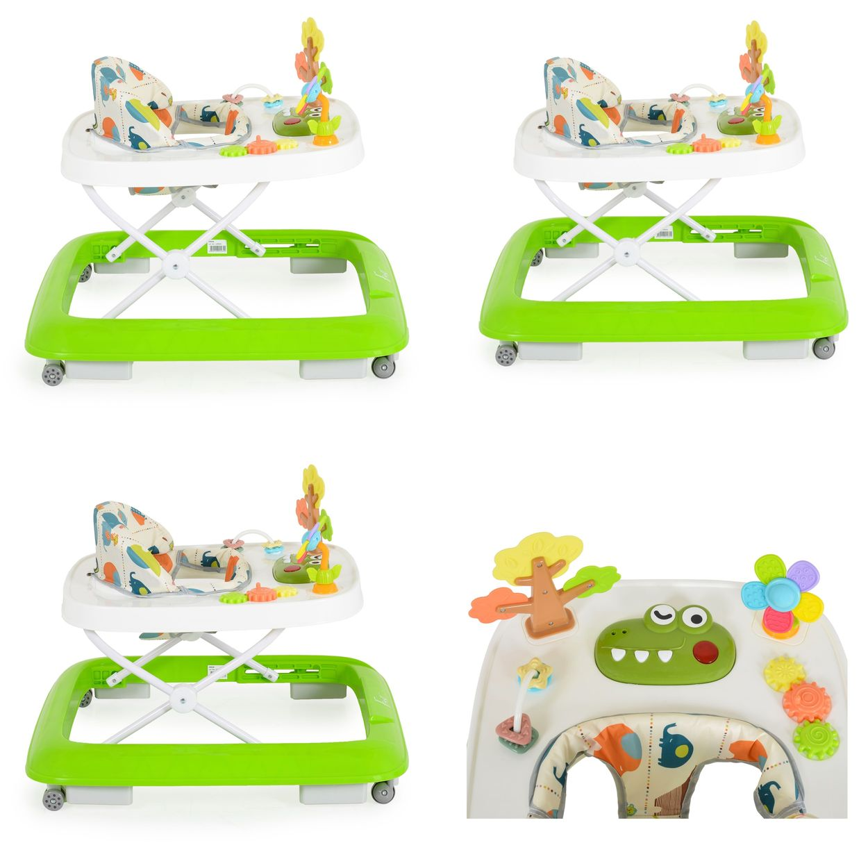 Ein grün-weißer Lauflernwagen mit bunten Tierspielzeugen auf dem Tisch.