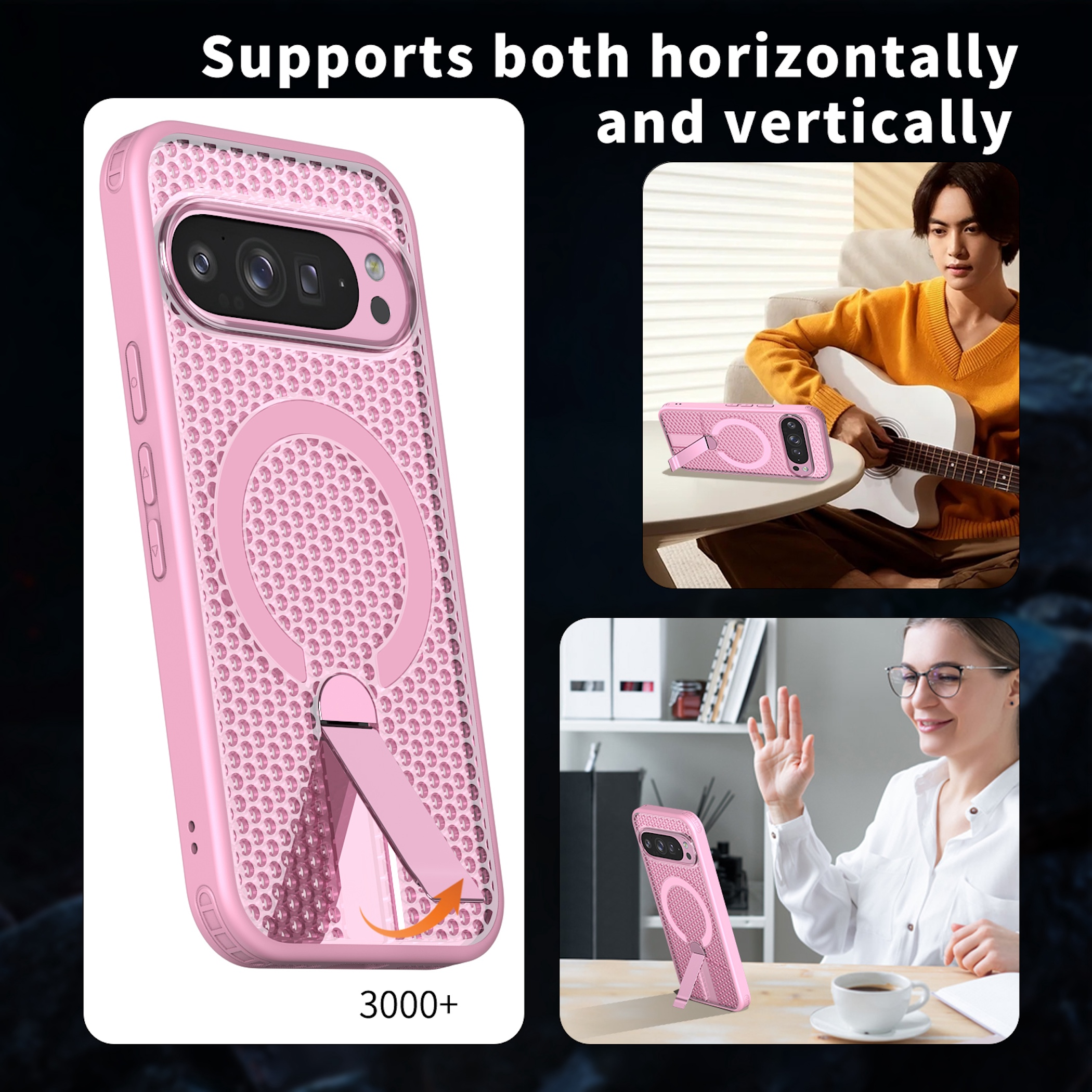 Rosa Handyhülle mit integriertem Ständer, horizontal und vertikal nutzbar, gezeigt mit Anwendungsbeispielen.