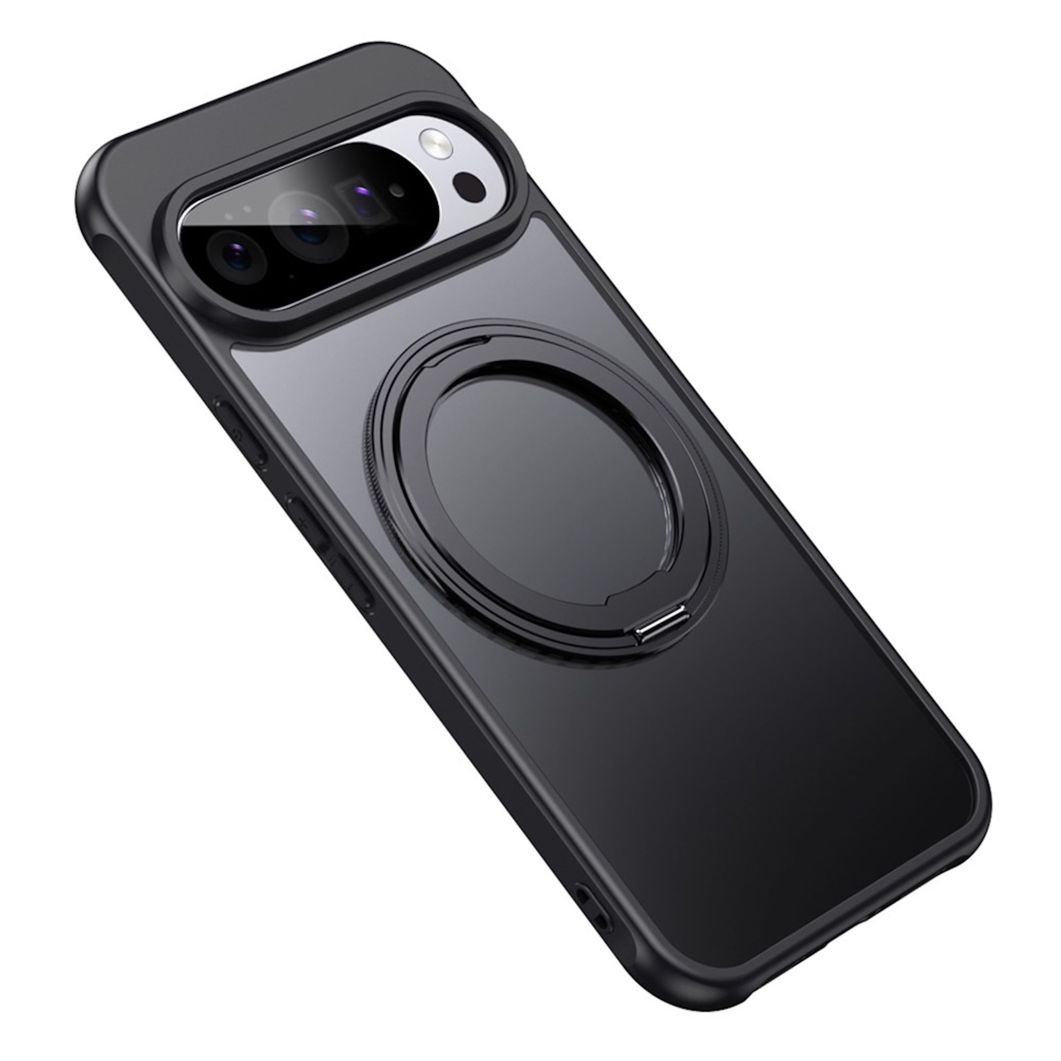 Schwarze Schutzhülle auf einem Smartphone mit integriertem MagSafe-Ring und dreifachem Kamerasystem auf der Rückseite.