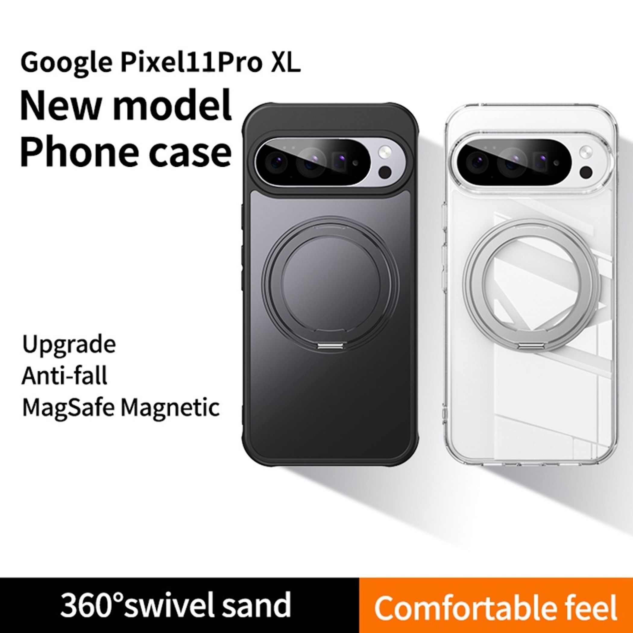 Schwarze und transparente Handyhüllen mit MagSafe-Ringen und Werbung für Google Pixel 11 Pro XL Zubehör.