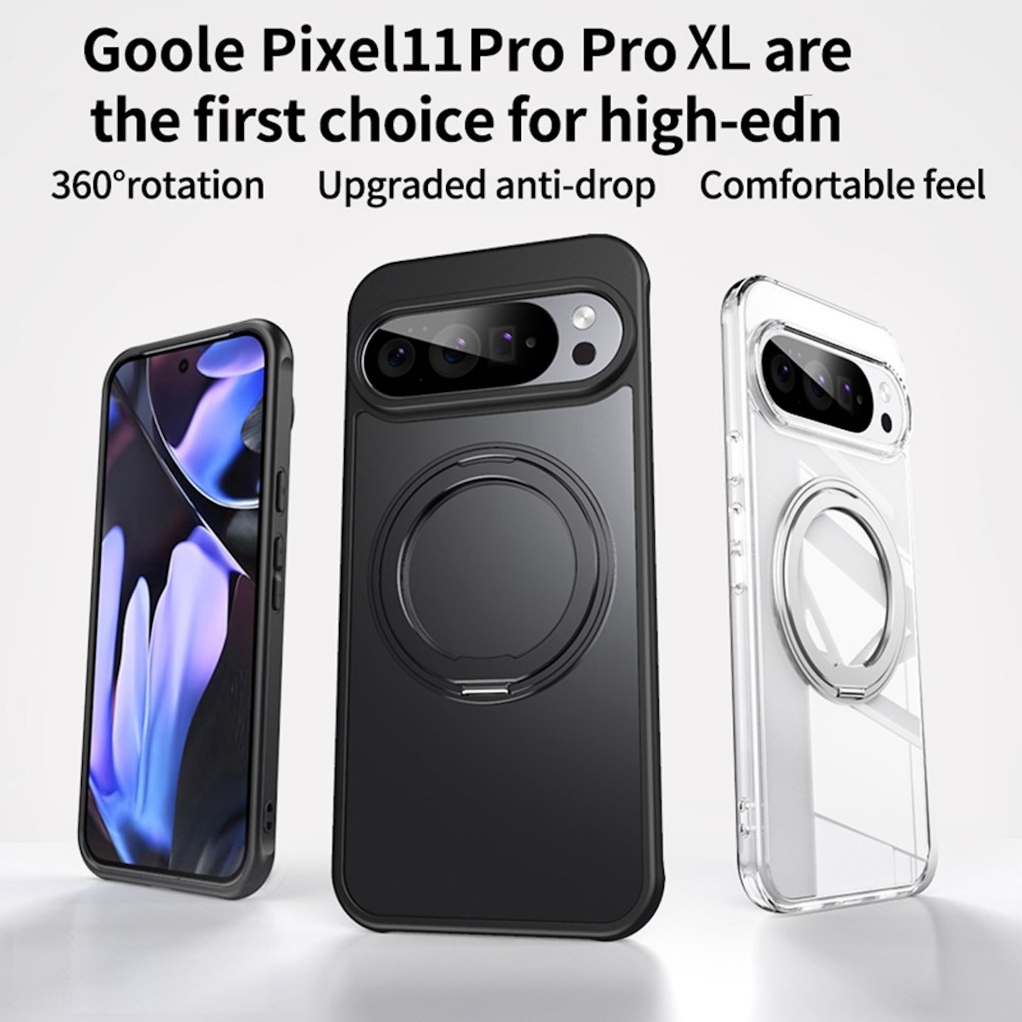 Drei Smartphones mit Schutzhüllen in Schwarz und Transparent sowie Text oben auf hellem Hintergrund.