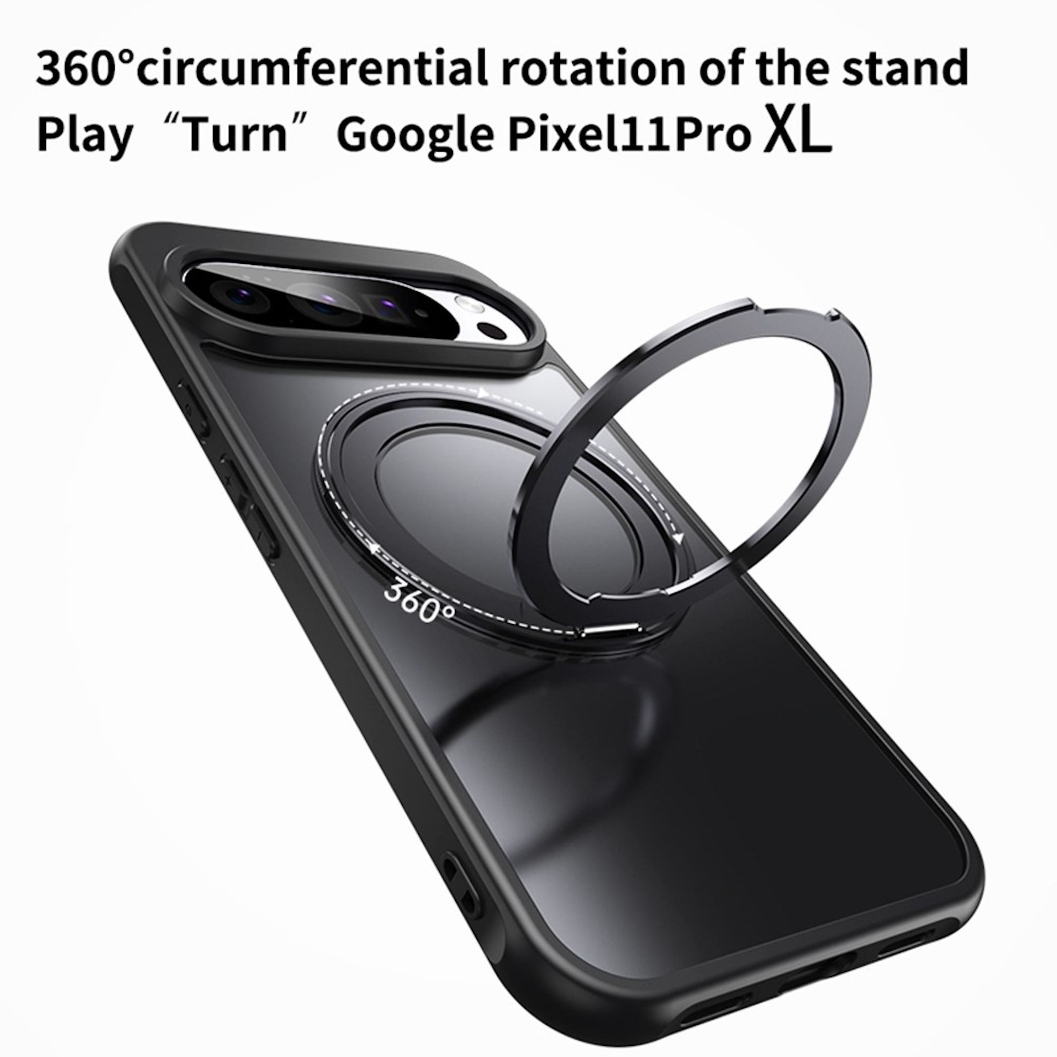 Schwarze Smartphone-Hülle mit einem 360 Grad drehbaren Ringständer auf der Rückseite.