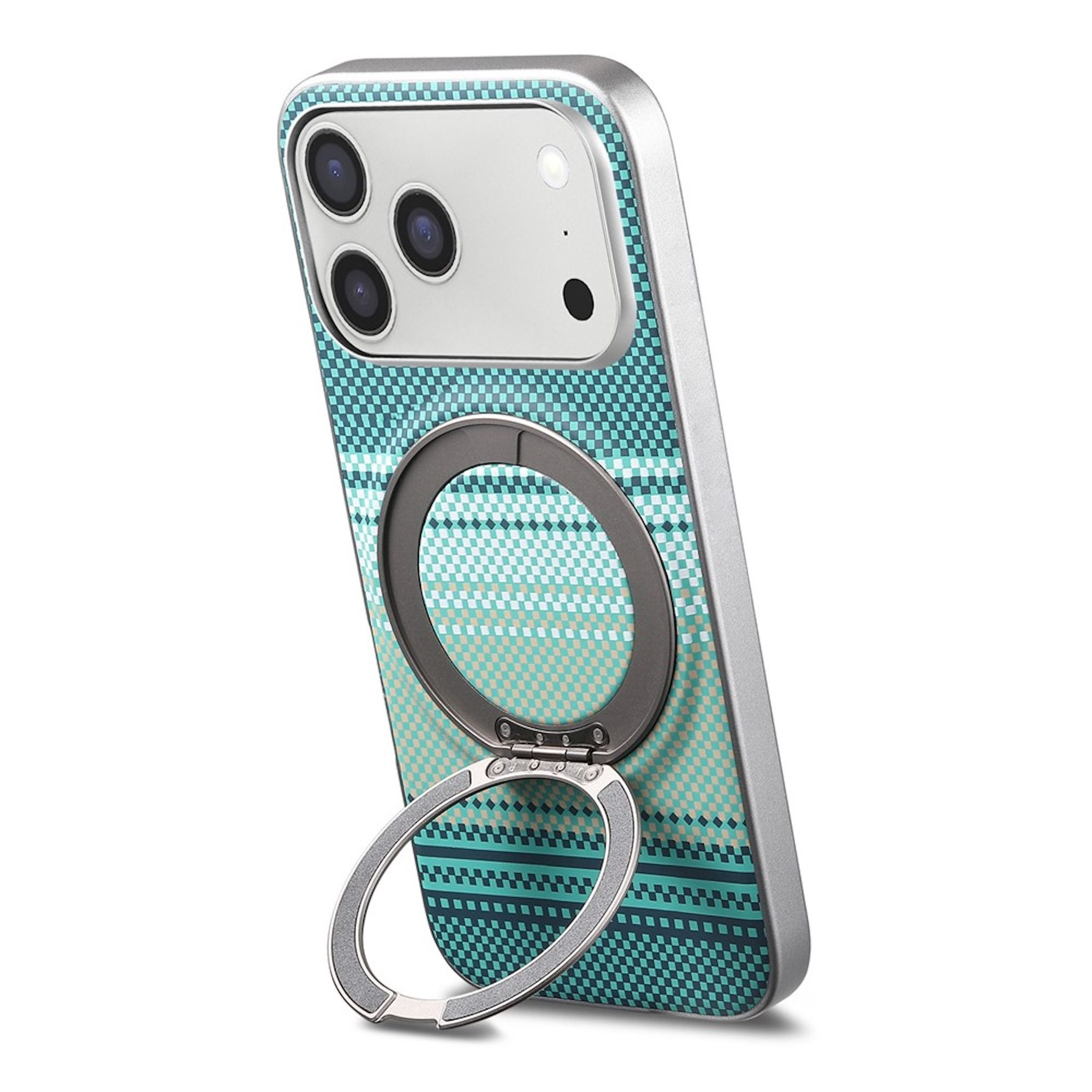 Smartphone in einer türkis gemusterten Hülle mit integriertem Metallring-Ständer.