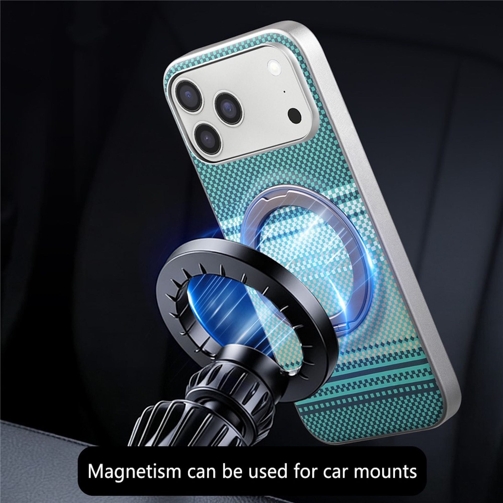 Ein Smartphone mit blauem Muster in einer Magnethalterung für Autos.