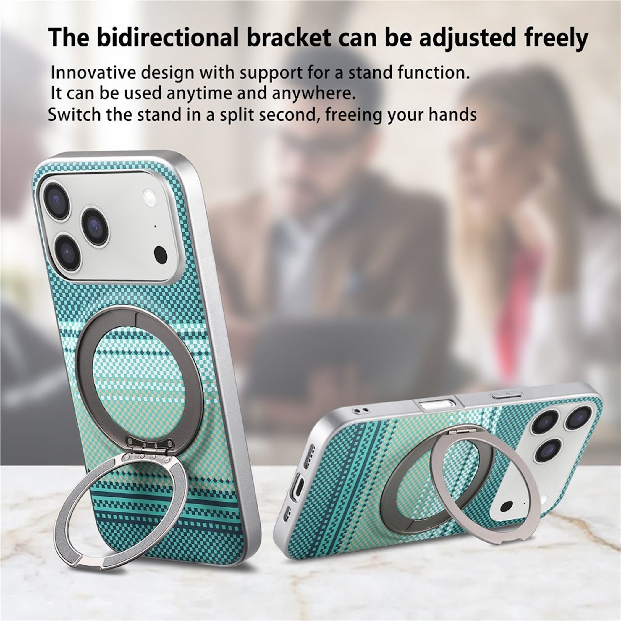 Türkisfarbene Handyhülle mit integriertem, verstellbarem Standring und gemustertem Design auf einem Tisch.