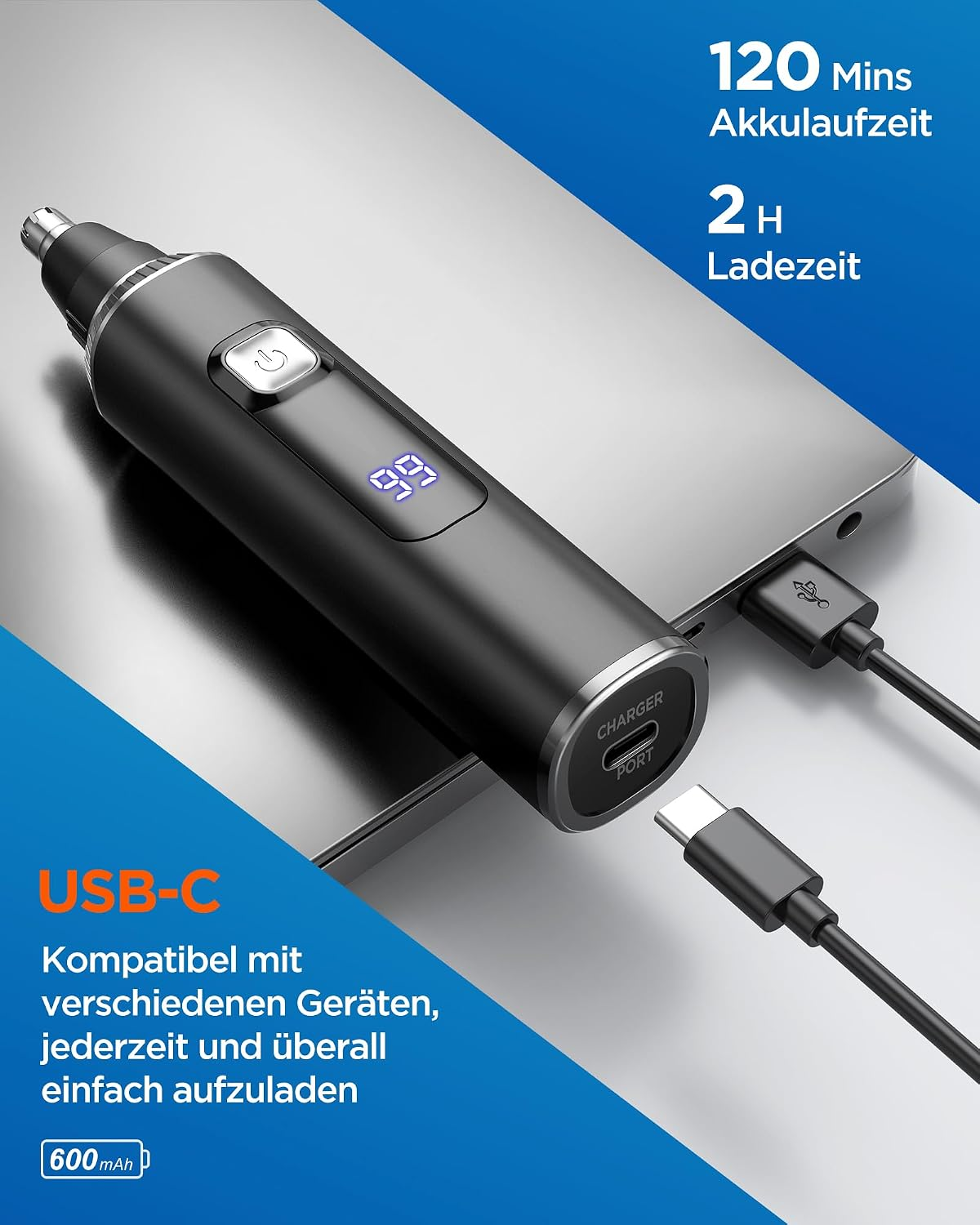 Schwarzer Nasenhaartrimmer mit USB-C Ladekabel und digitaler Akkuanzeige vor grauem Hintergrund.