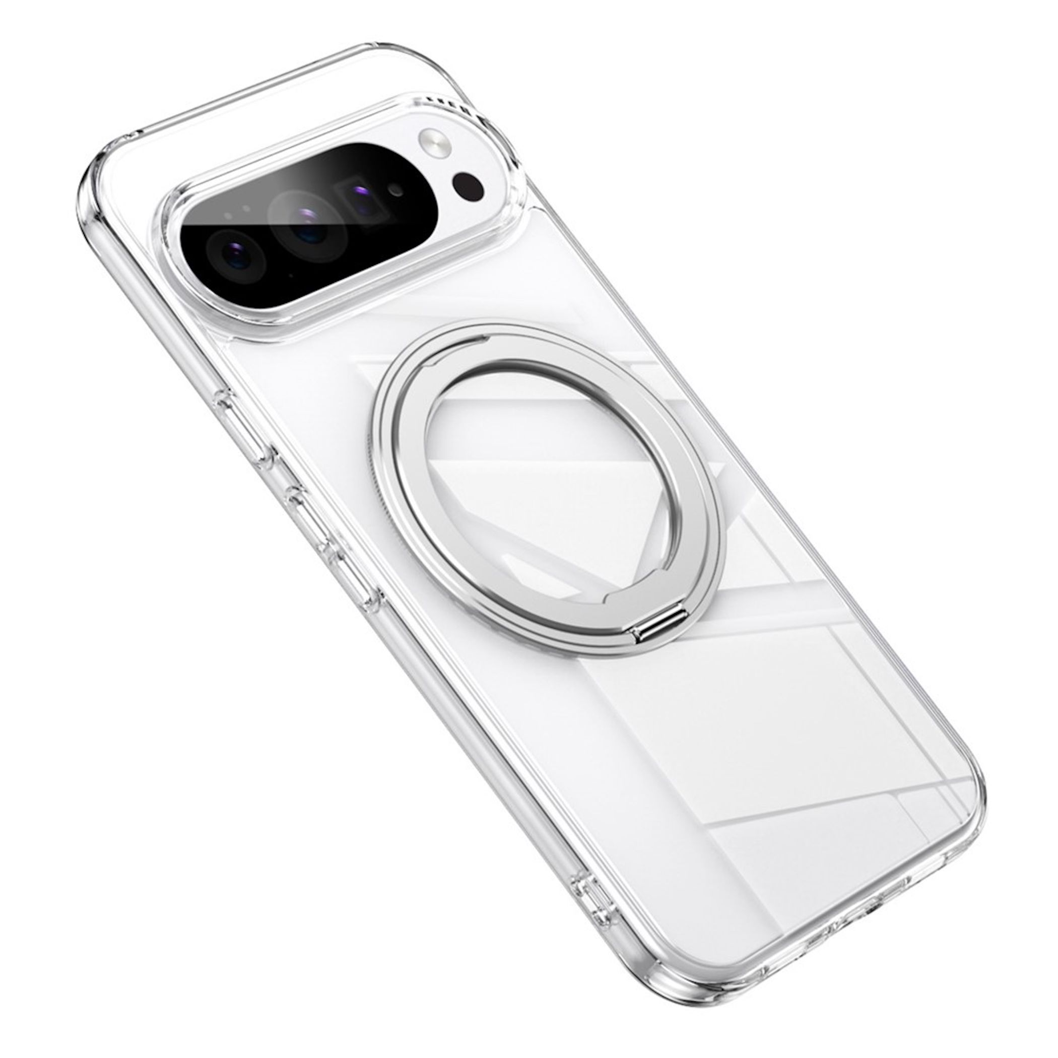 Transparente Handyhülle mit einem silbernen MagSafe-Ring auf der Rückseite.