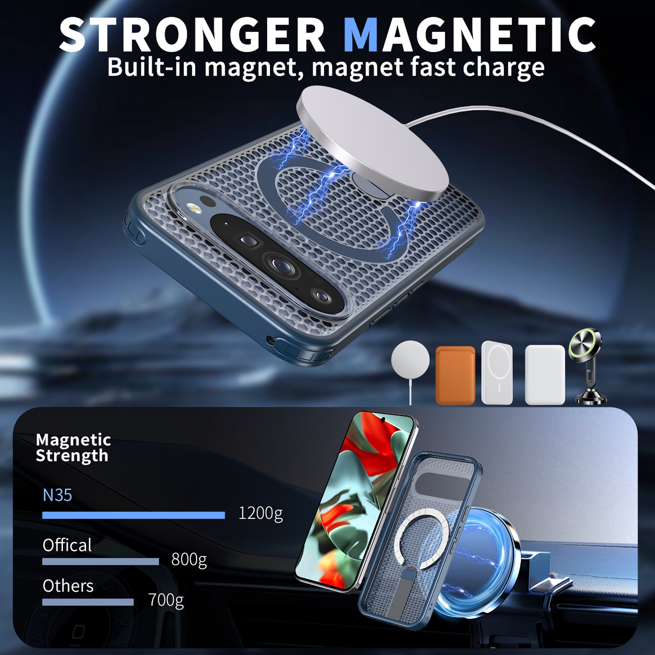 Eine magnetische Handyhülle mit kabellosem Ladegerät und Diagrammen zur magnetischen Stärke.