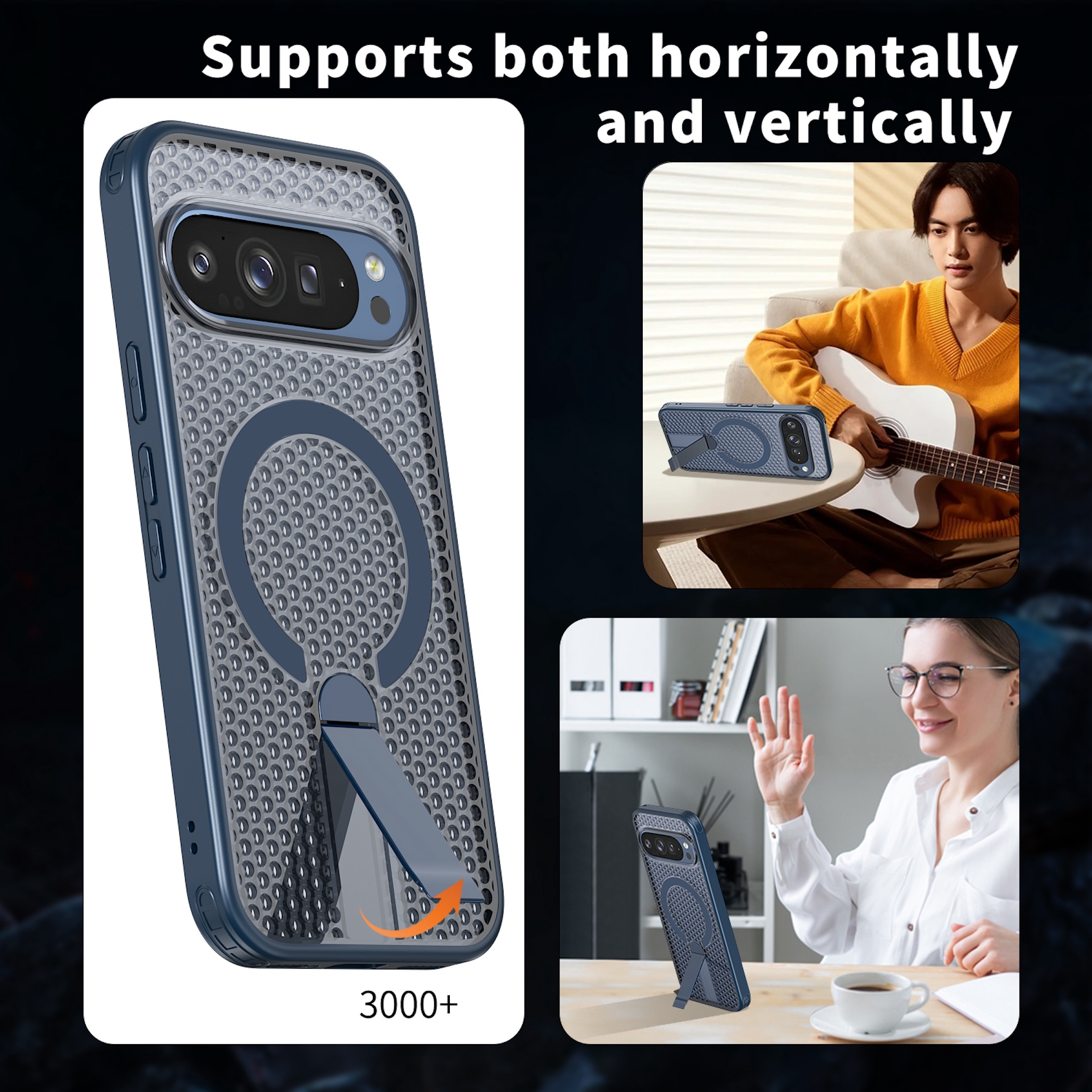 Eine Handyhülle mit integriertem Ständer unterstützt horizontale und vertikale Ausrichtung.