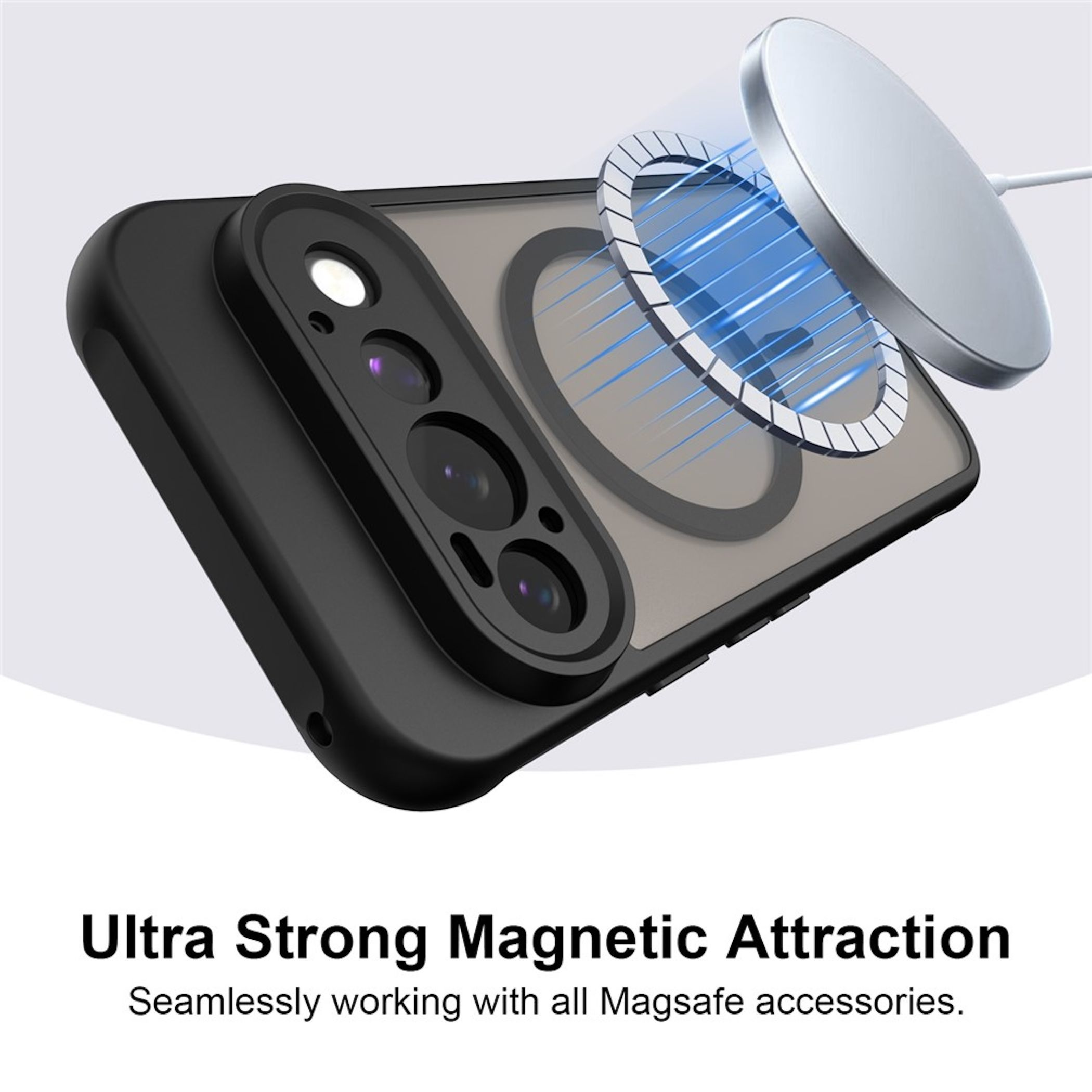 Eine schwarze Handytasche mit einem magnetischen kabellosen Ladegerät, das sich an dem hinteren Ring ausrichtet.