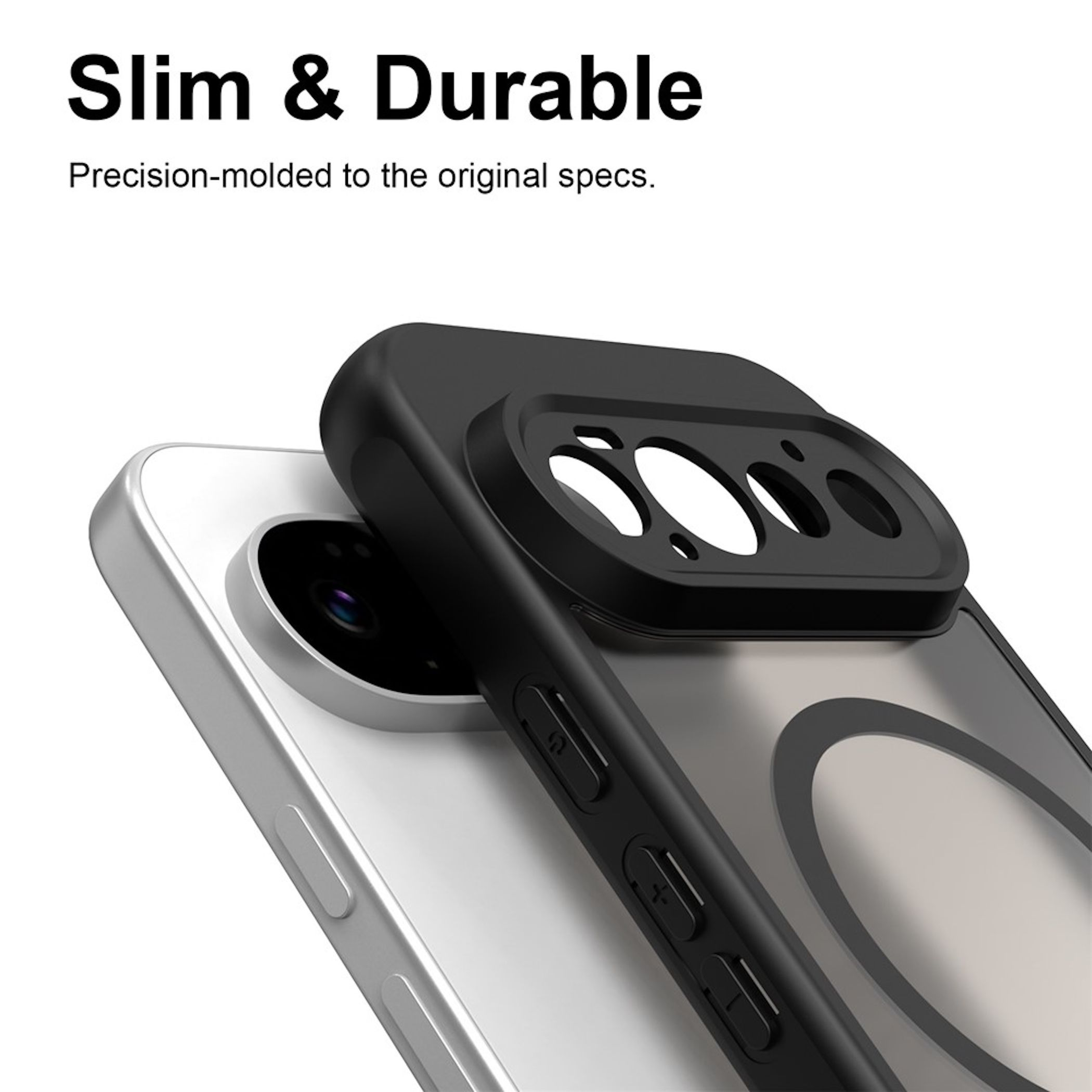 Eine schwarze Schutzhülle mit Kameraausschnitt liegt auf einem weißen Smartphone. Text oben: Slim & Durable.