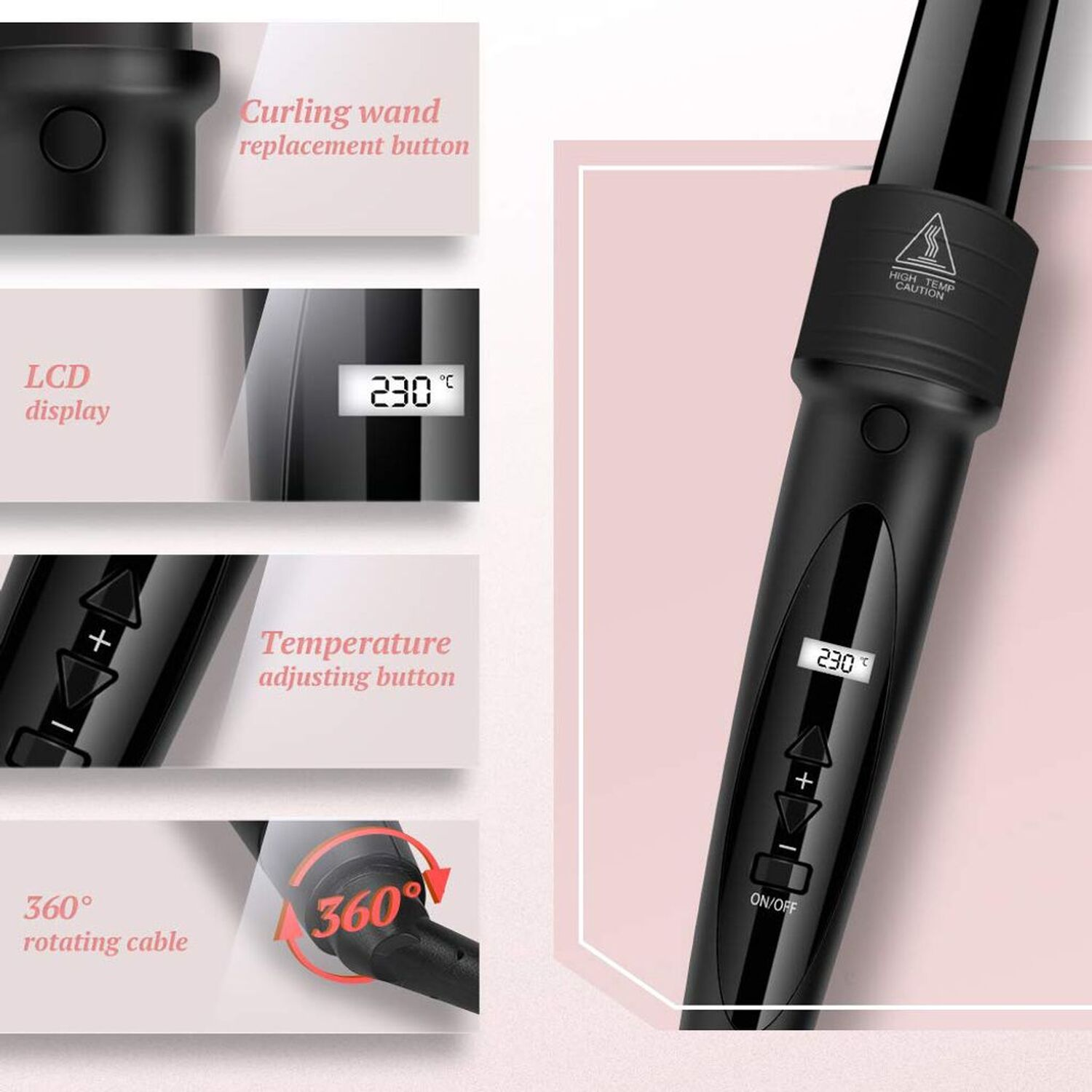 Schwarzer Lockenstab mit LCD-Display, Temperaturtasten und 360-Grad-Kabel.