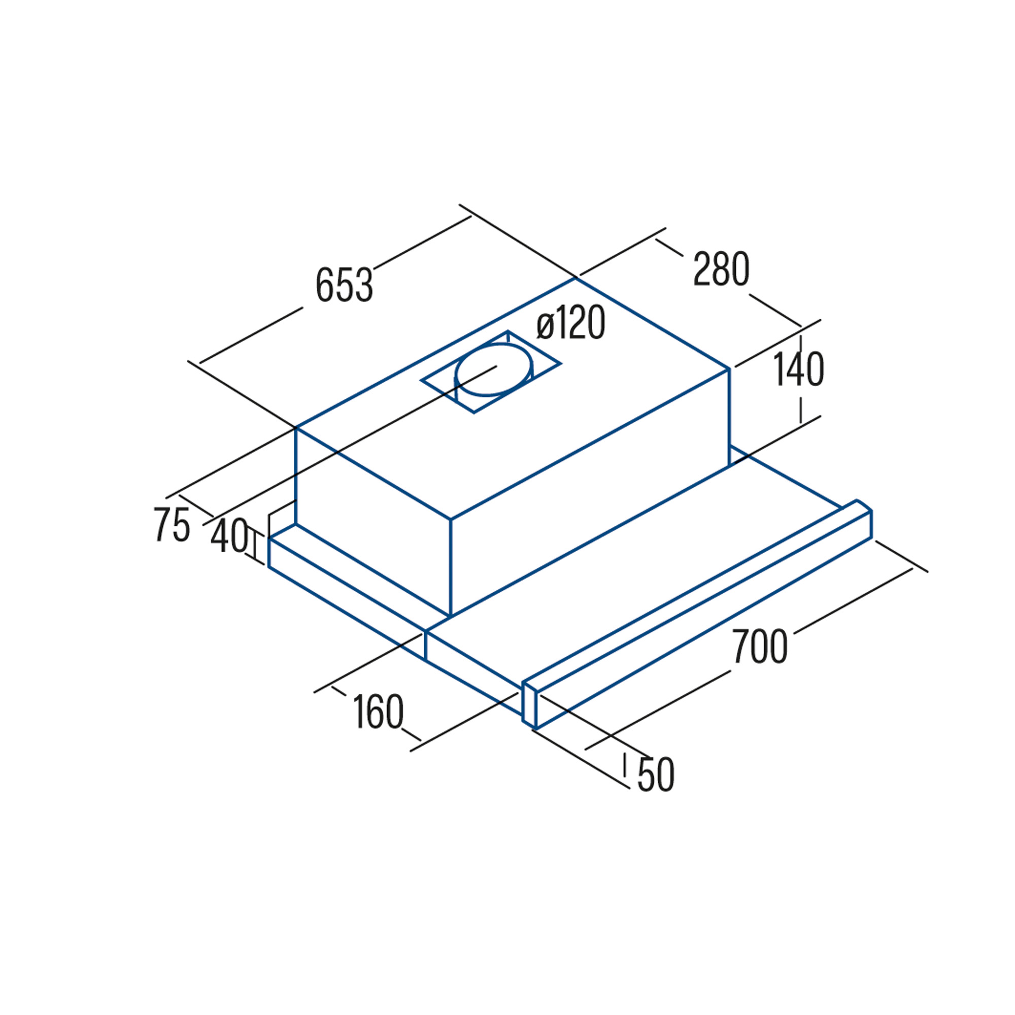Dibujo técnico de una campana extractora con dimensiones en azul sobre fondo blanco.