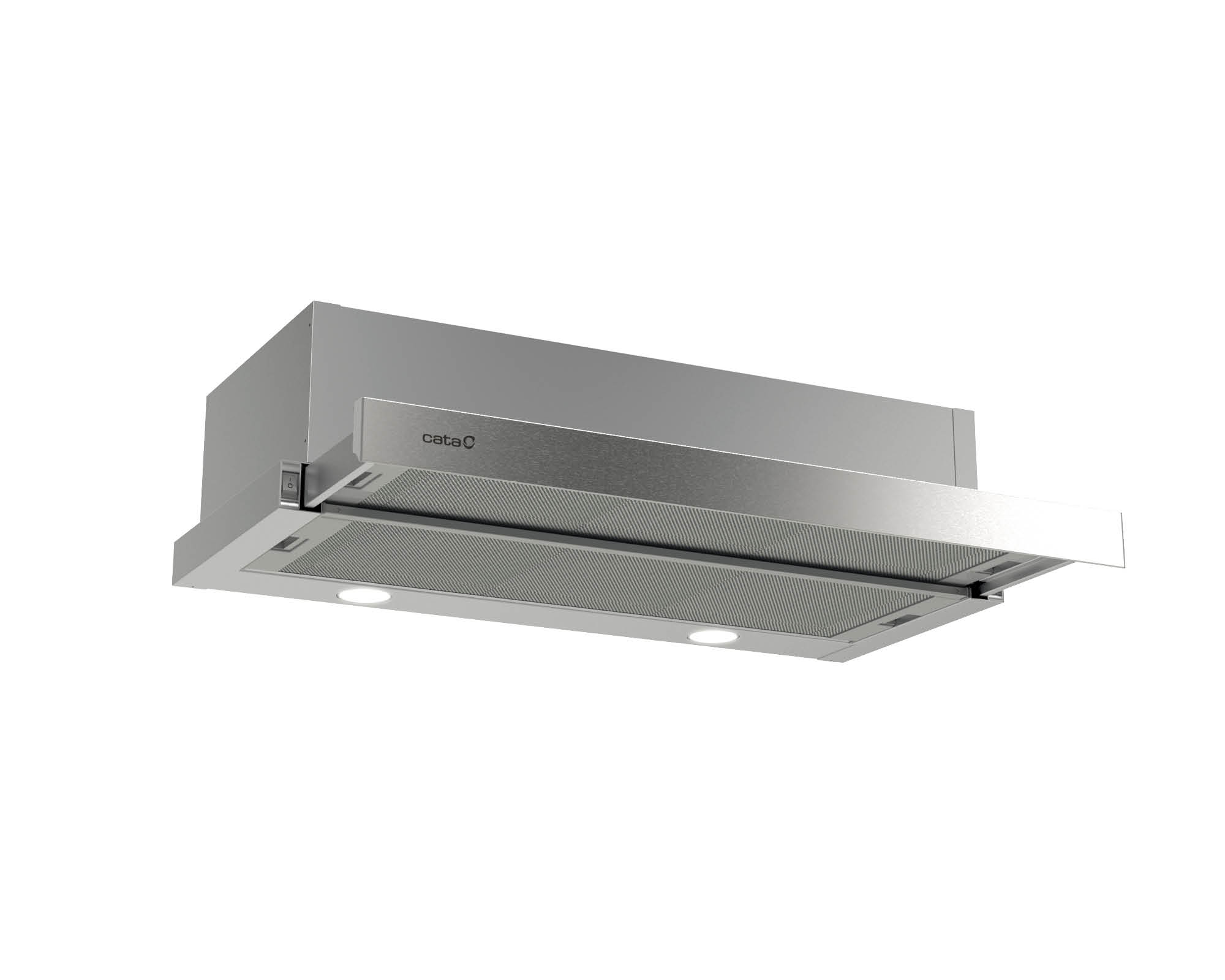 Una campana extractora de cocina de acero inoxidable plateado con luces integradas y la marca Cata.