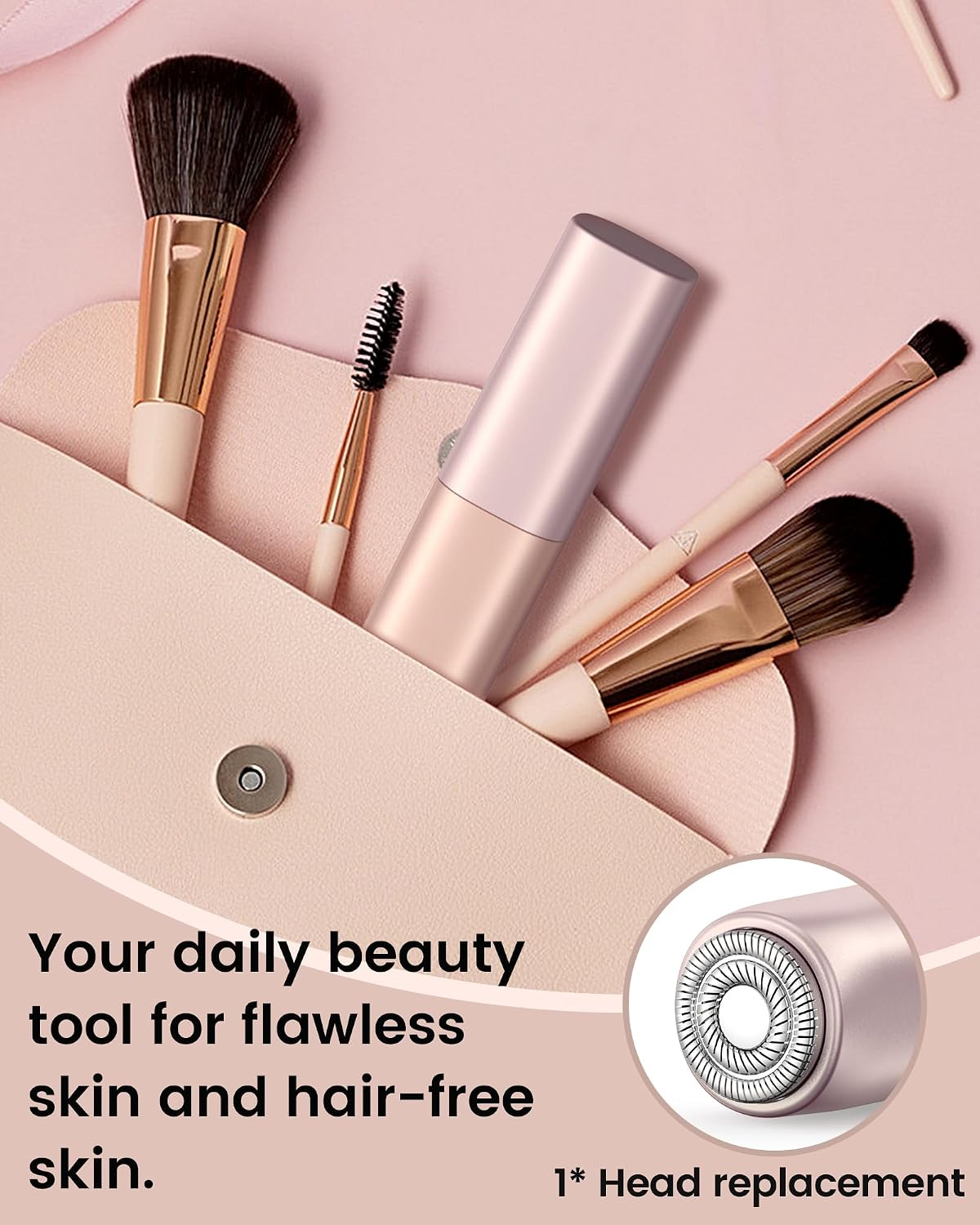 Rosa Make-up-Tasche mit Pinseln, Wimperntusche und einem Gesichtsenteiler, begleitet von Text über Schönheitswerkzeuge.