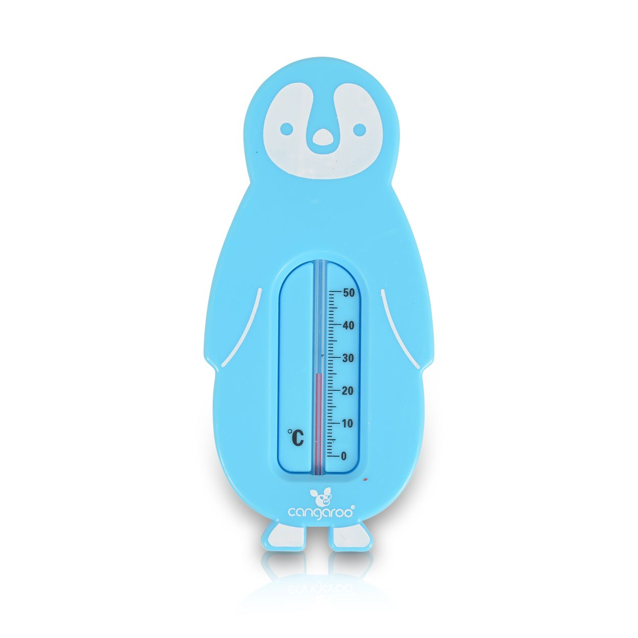 Ein hellblaues pinguinförmiges Badethermometer mit Celsius-Skala und weißen Akzenten vor weißem Hintergrund.