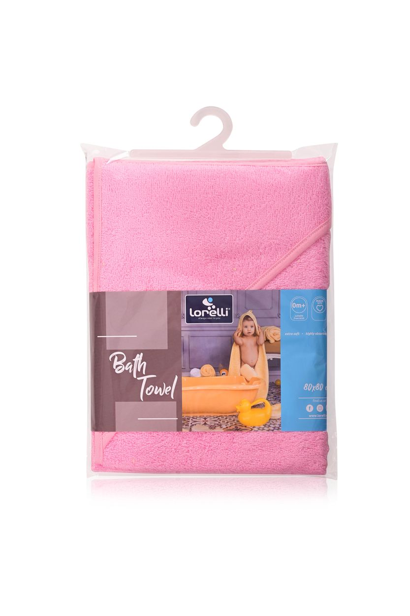 Verpacktes rosa Lorelli Baby-Badetuch in Plastikhülle mit Haken.
